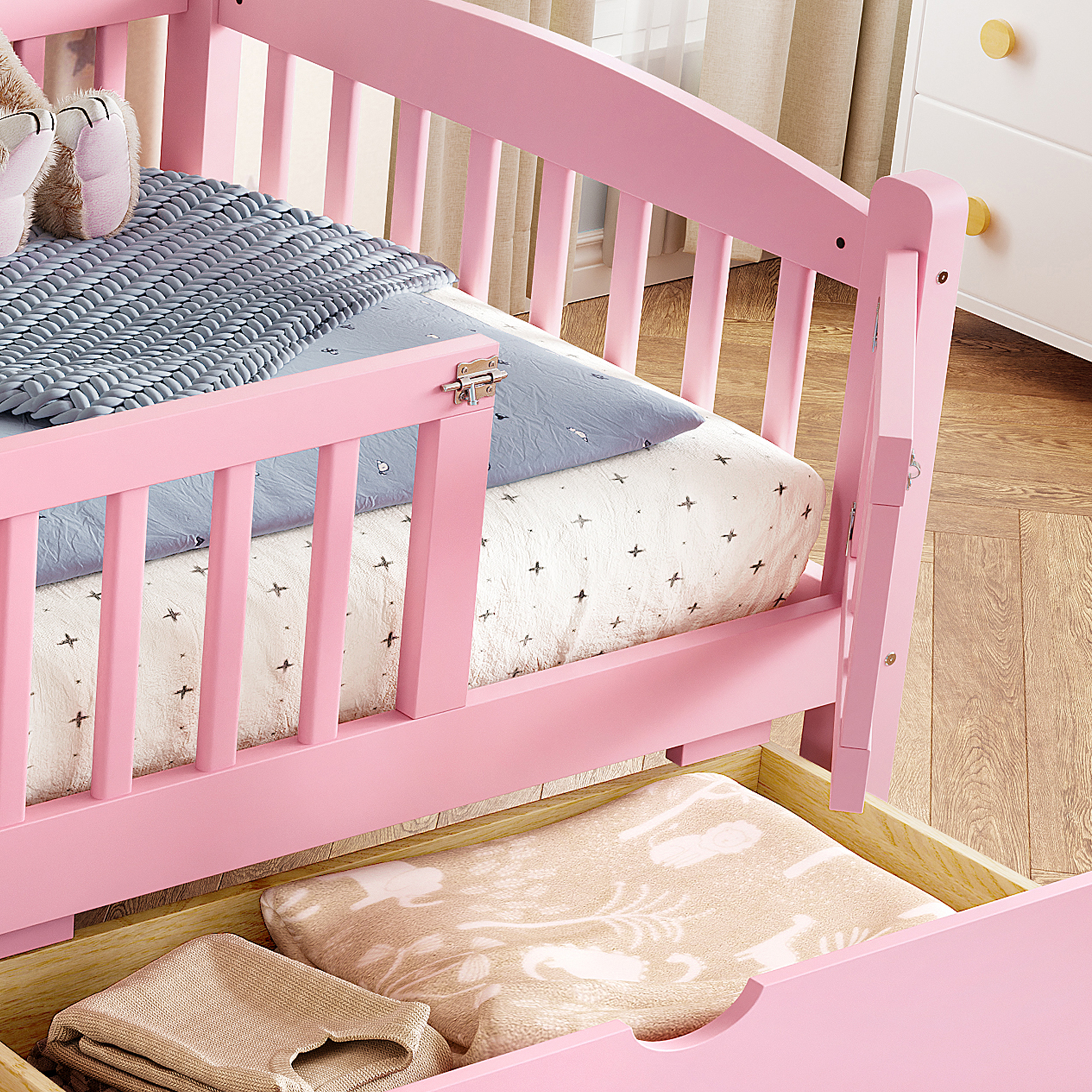 Twin XL Platform Bed with Full-length Guardrails, Kids Platform Bed with Storage Drawers, Childlike and Cute Headboard Design, Pink - Image 5