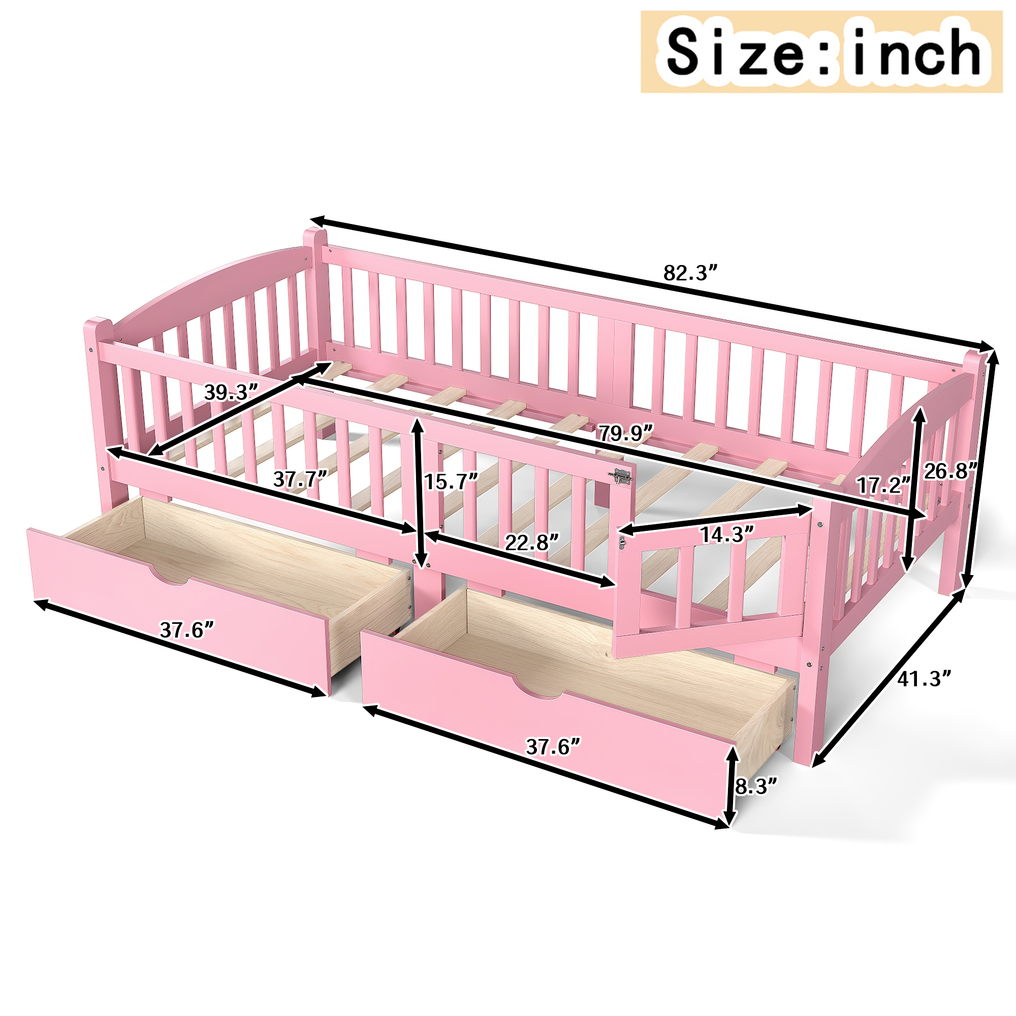 Twin XL Platform Bed with Full-length Guardrails, Kids Platform Bed with Storage Drawers, Childlike and Cute Headboard Design, Pink - Image 6