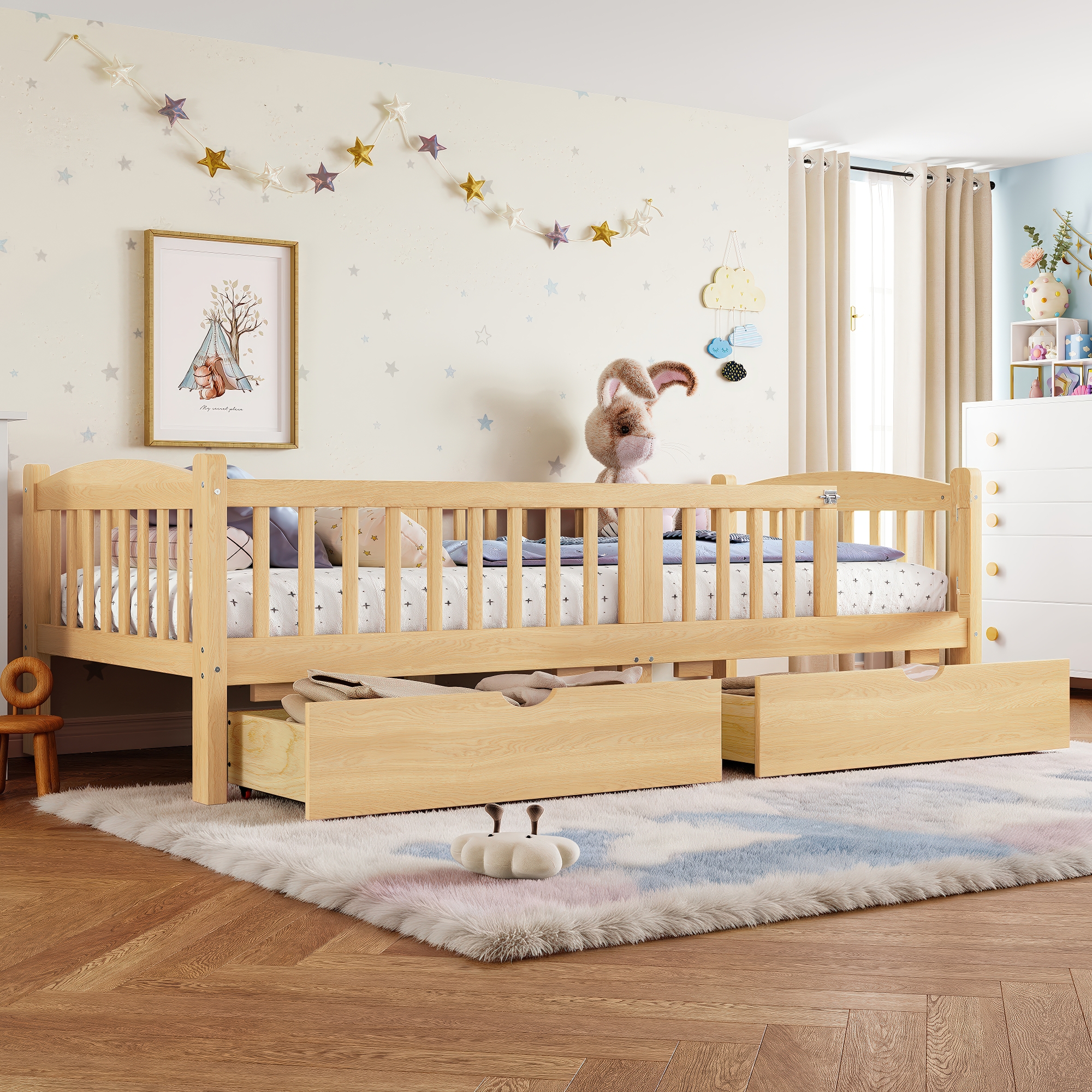 Twin XL Platform Bed with Full-length Guardrails, Kids Platform Bed with Storage Drawers, Childlike and Cute Headboard Design, Natural - Image 2