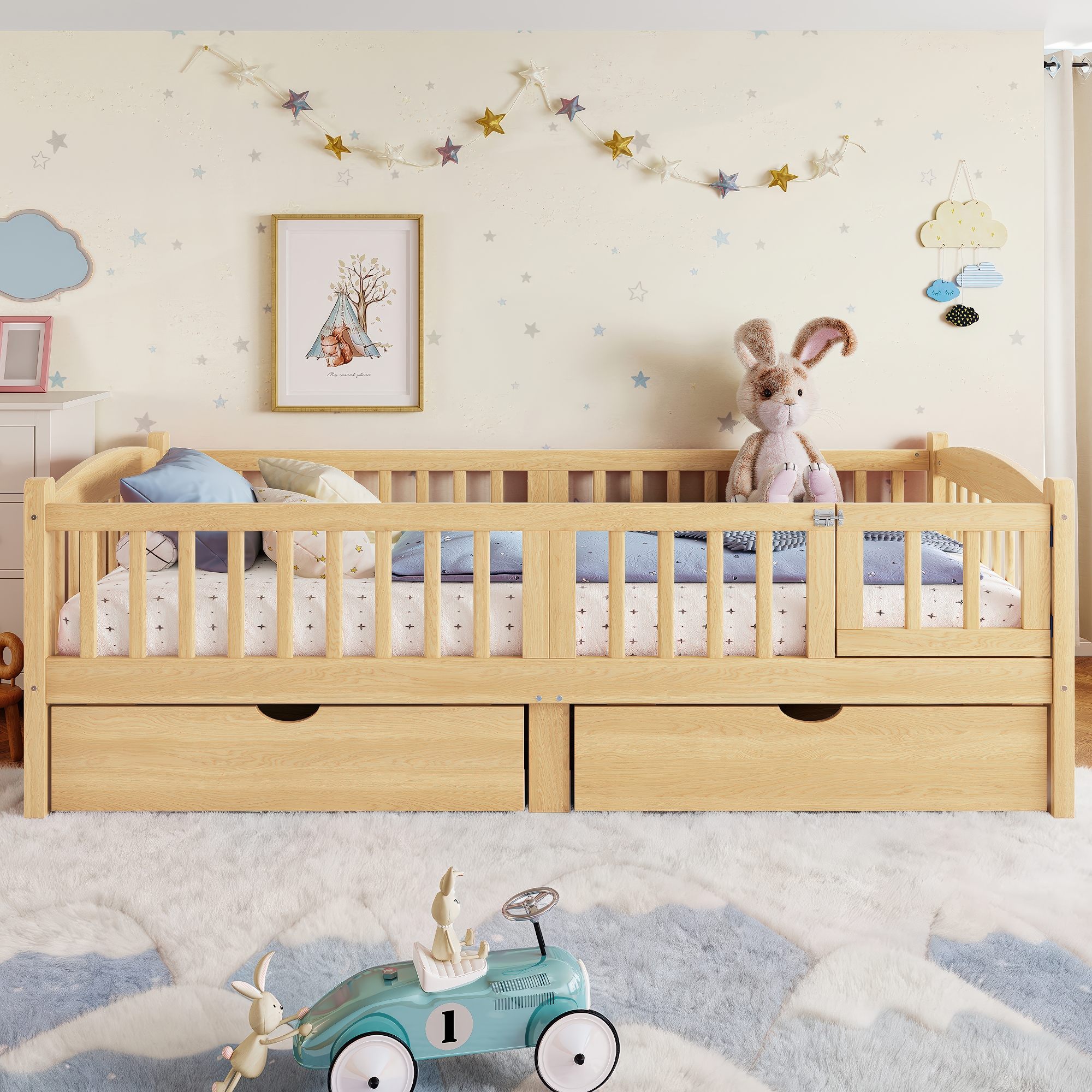 Twin XL Platform Bed with Full-length Guardrails, Kids Platform Bed with Storage Drawers, Childlike and Cute Headboard Design, Natural - Image 3