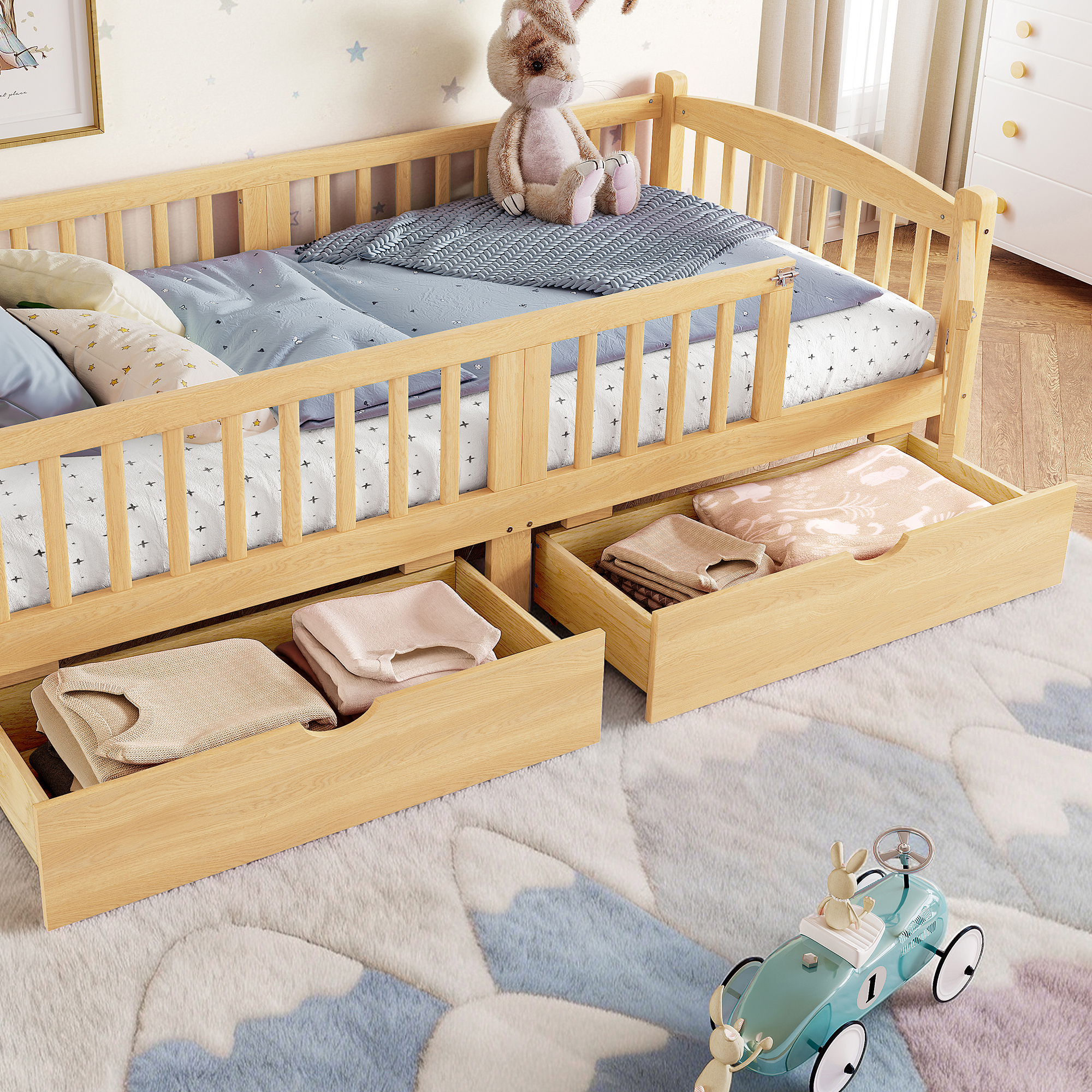 Twin XL Platform Bed with Full-length Guardrails, Kids Platform Bed with Storage Drawers, Childlike and Cute Headboard Design, Natural - Image 4