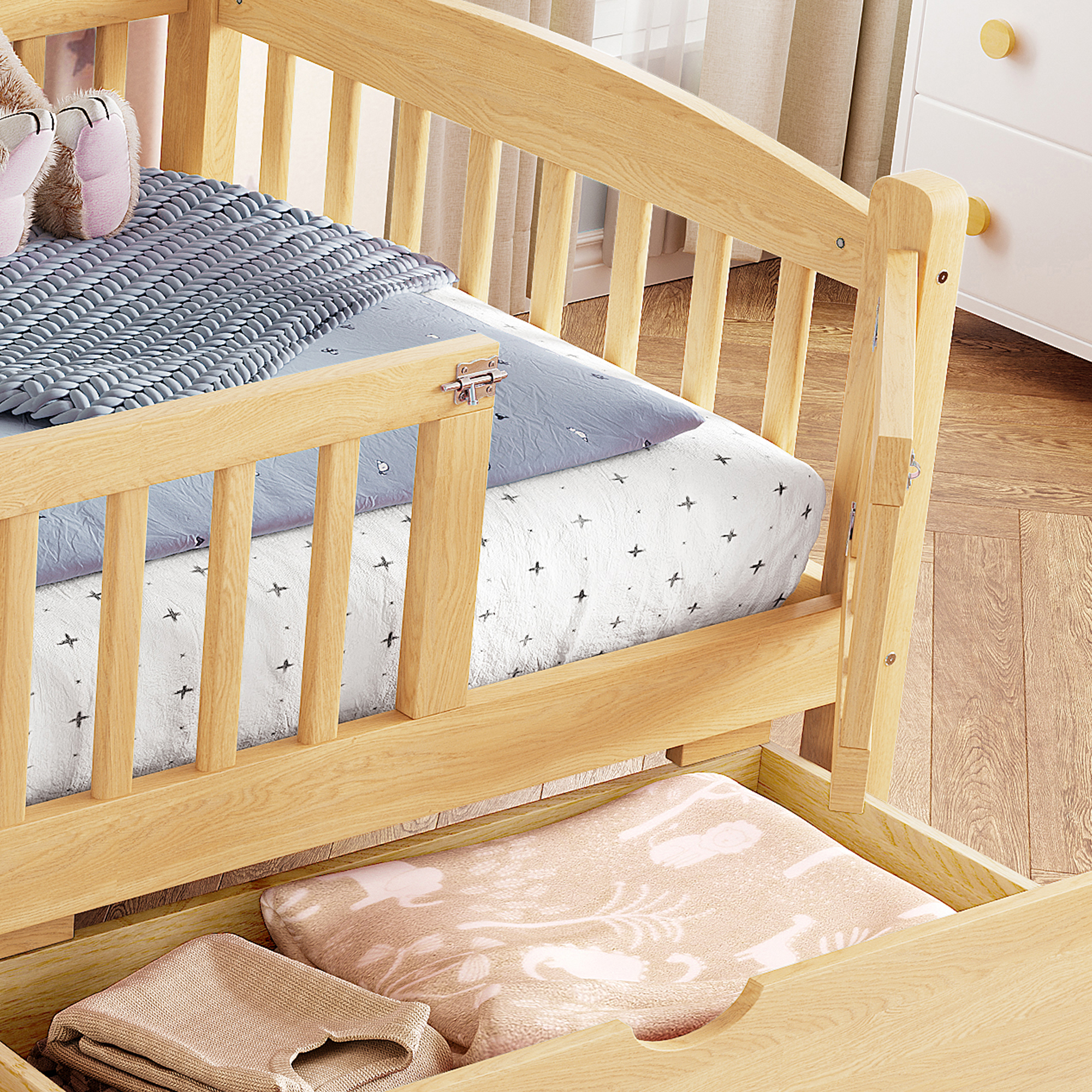 Twin XL Platform Bed with Full-length Guardrails, Kids Platform Bed with Storage Drawers, Childlike and Cute Headboard Design, Natural - Image 5
