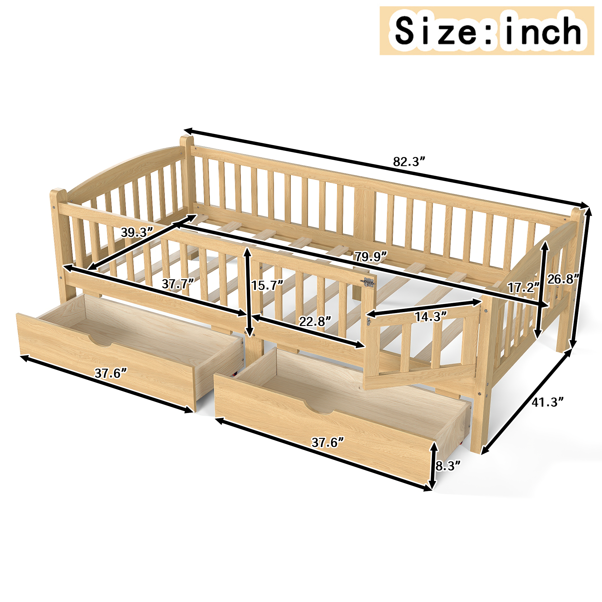 Twin XL Platform Bed with Full-length Guardrails, Kids Platform Bed with Storage Drawers, Childlike and Cute Headboard Design, Natural - Image 6