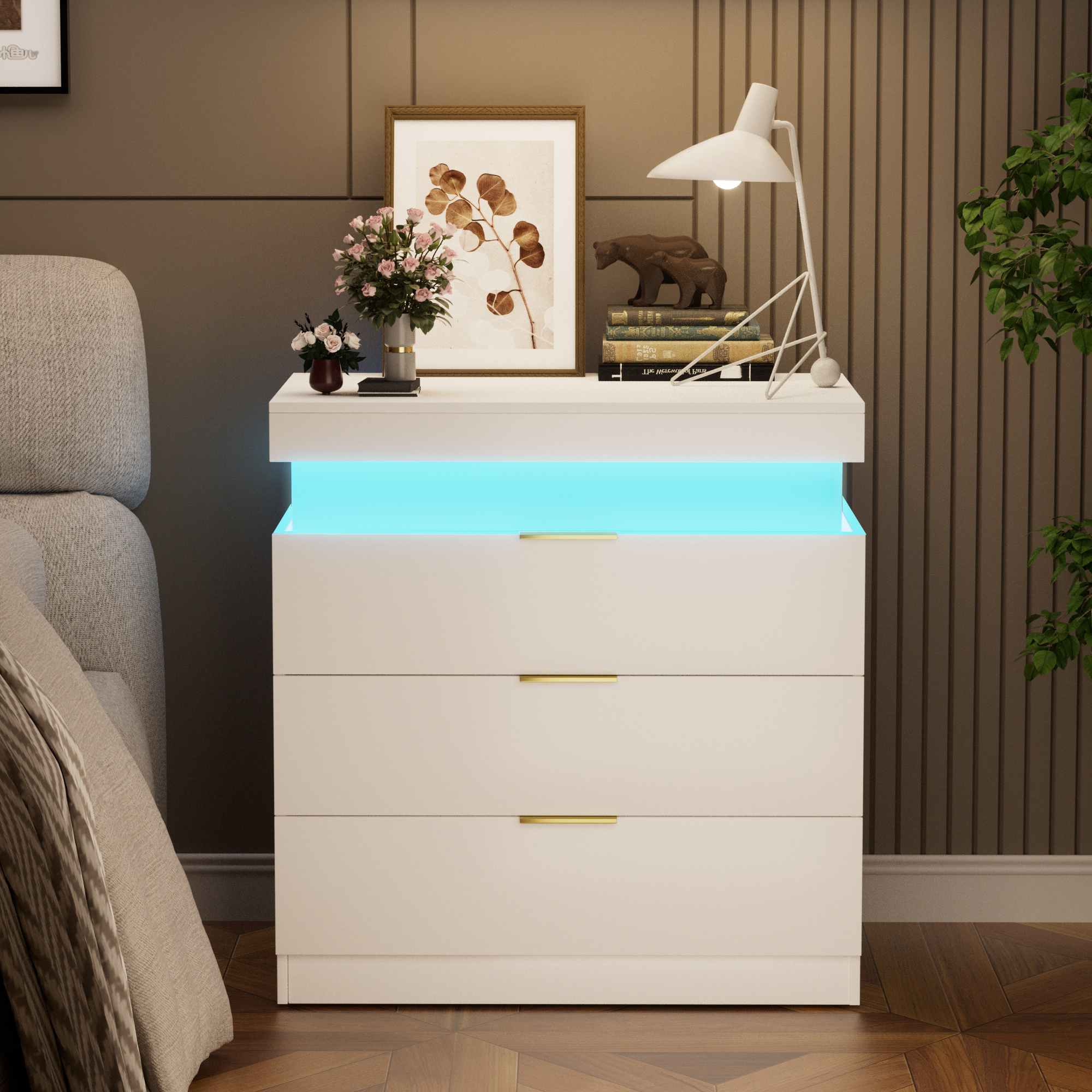 Nightstand with Charging Station and LED Lights,Night Stand with Sliding Top for Bedroom,Bedside Table with Drawers,Modern End Side Table,White.28.8''W x 17''D x 30.5''H. - Image 2