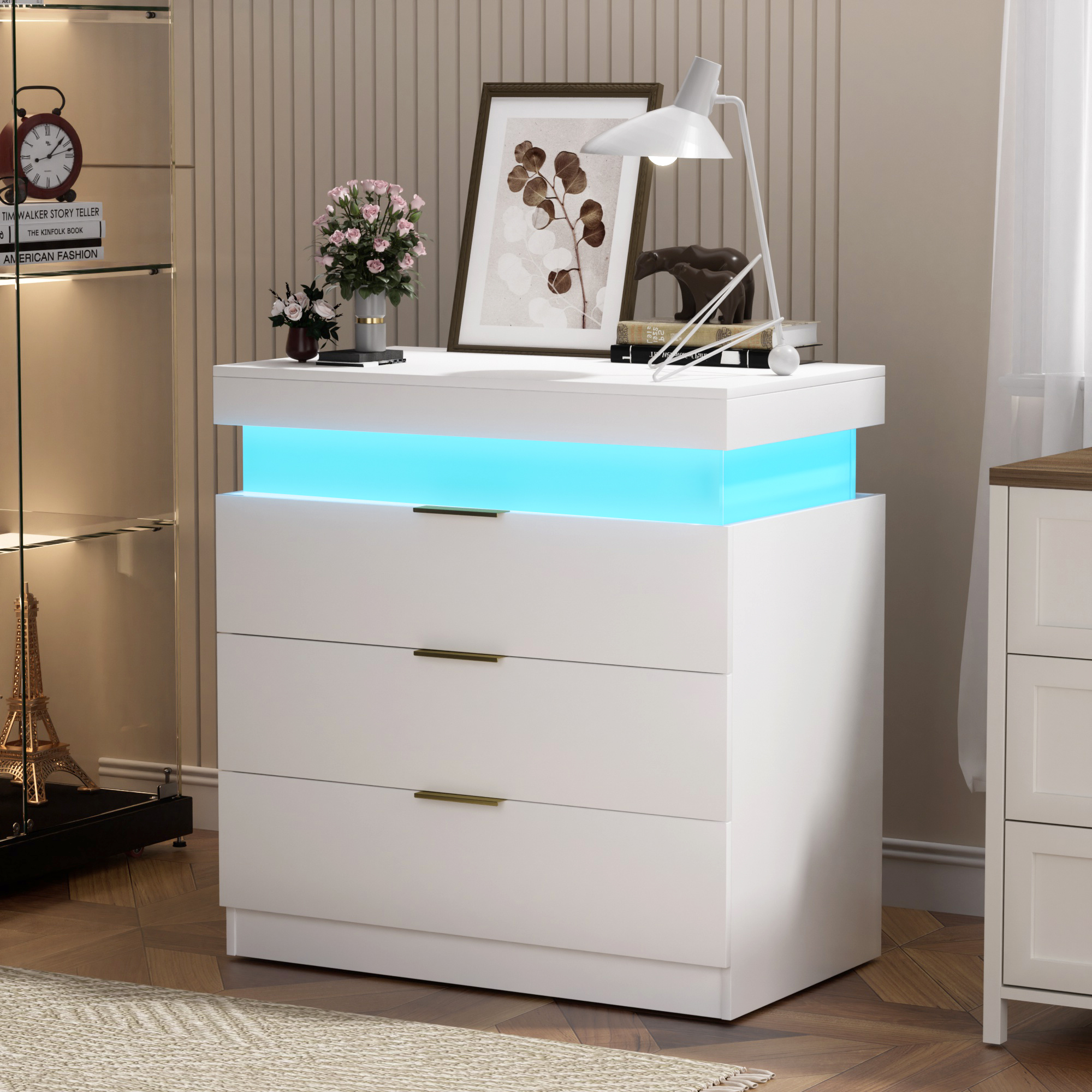 Nightstand with Charging Station and LED Lights,Night Stand with Sliding Top for Bedroom,Bedside Table with Drawers,Modern End Side Table,White.28.8''W x 17''D x 30.5''H. - Image 3