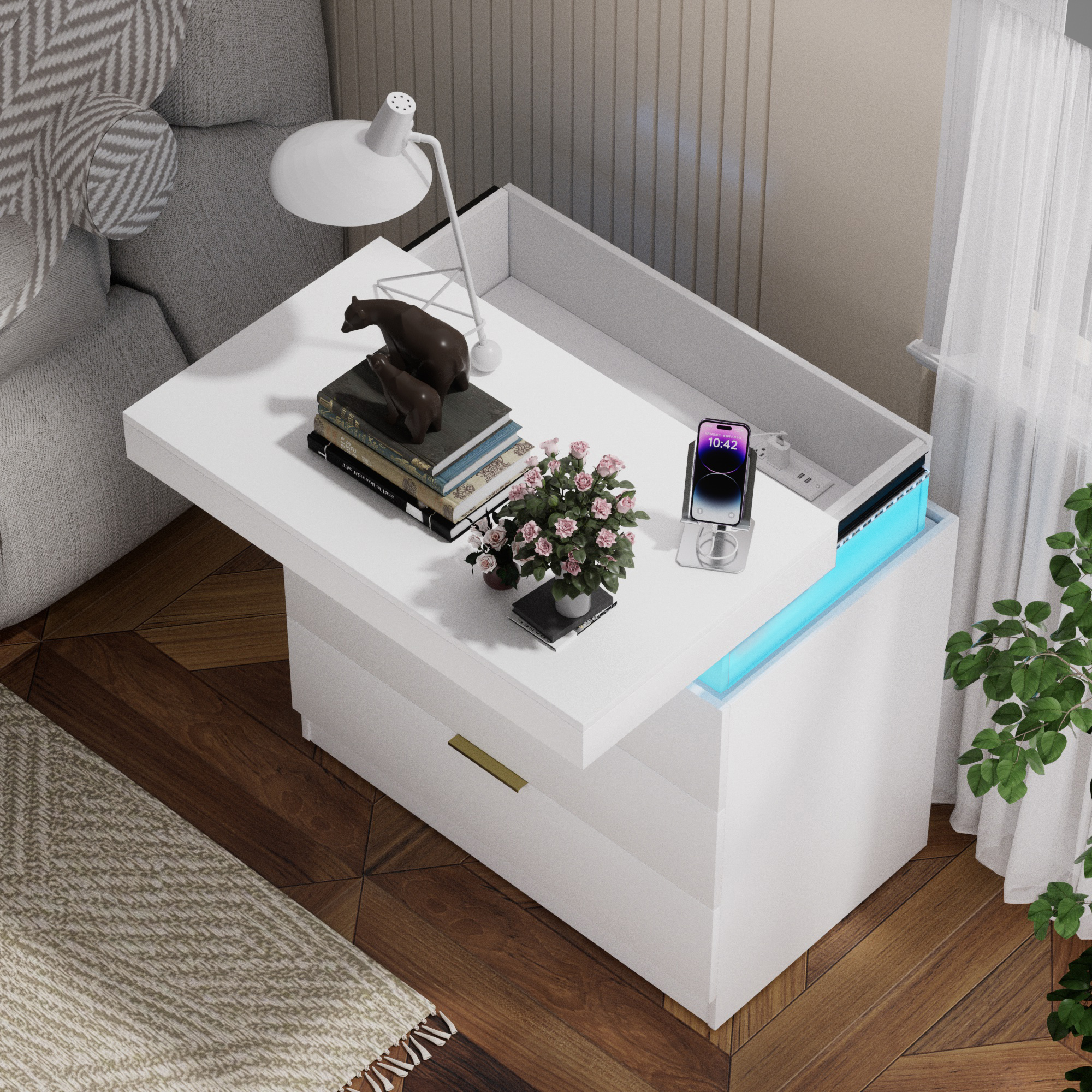 Nightstand with Charging Station and LED Lights,Night Stand with Sliding Top for Bedroom,Bedside Table with Drawers,Modern End Side Table,White.28.8''W x 17''D x 30.5''H. - Image 4