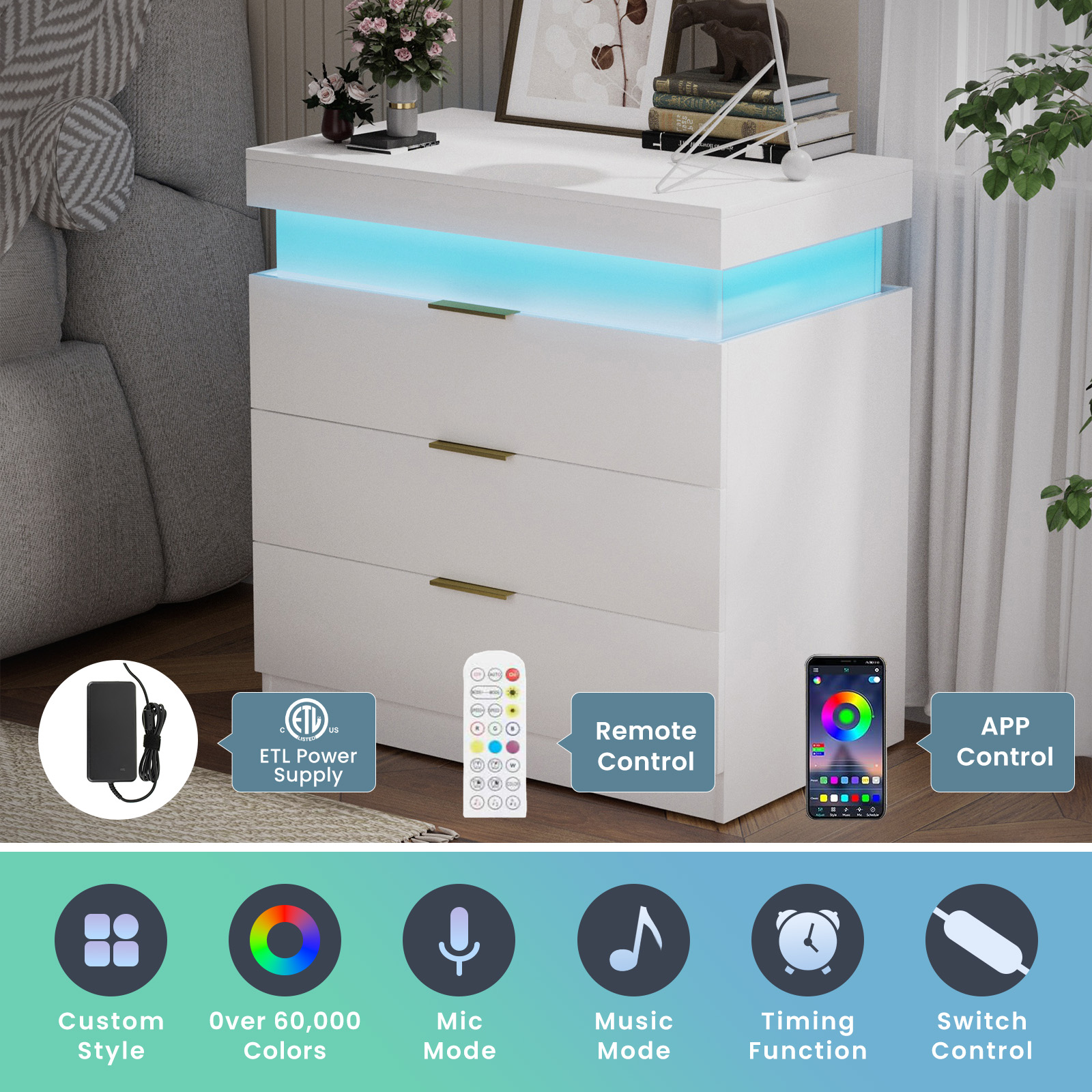 Nightstand with Charging Station and LED Lights,Night Stand with Sliding Top for Bedroom,Bedside Table with Drawers,Modern End Side Table,White.28.8''W x 17''D x 30.5''H. - Image 5