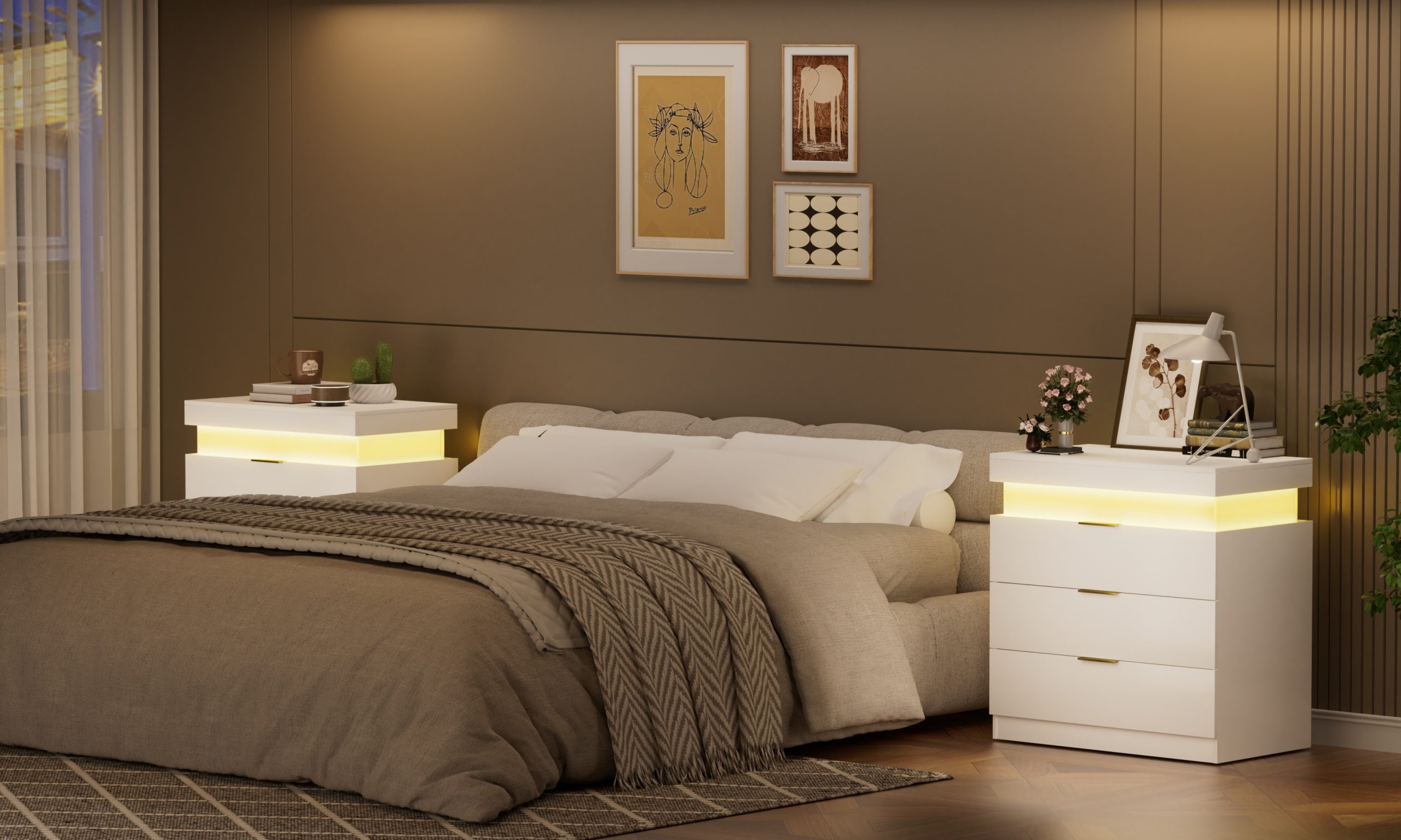 Nightstand with Charging Station and LED Lights,Night Stand with Sliding Top for Bedroom,Bedside Table with Drawers,Modern End Side Table,White.28.8''W x 17''D x 30.5''H. - Image 6