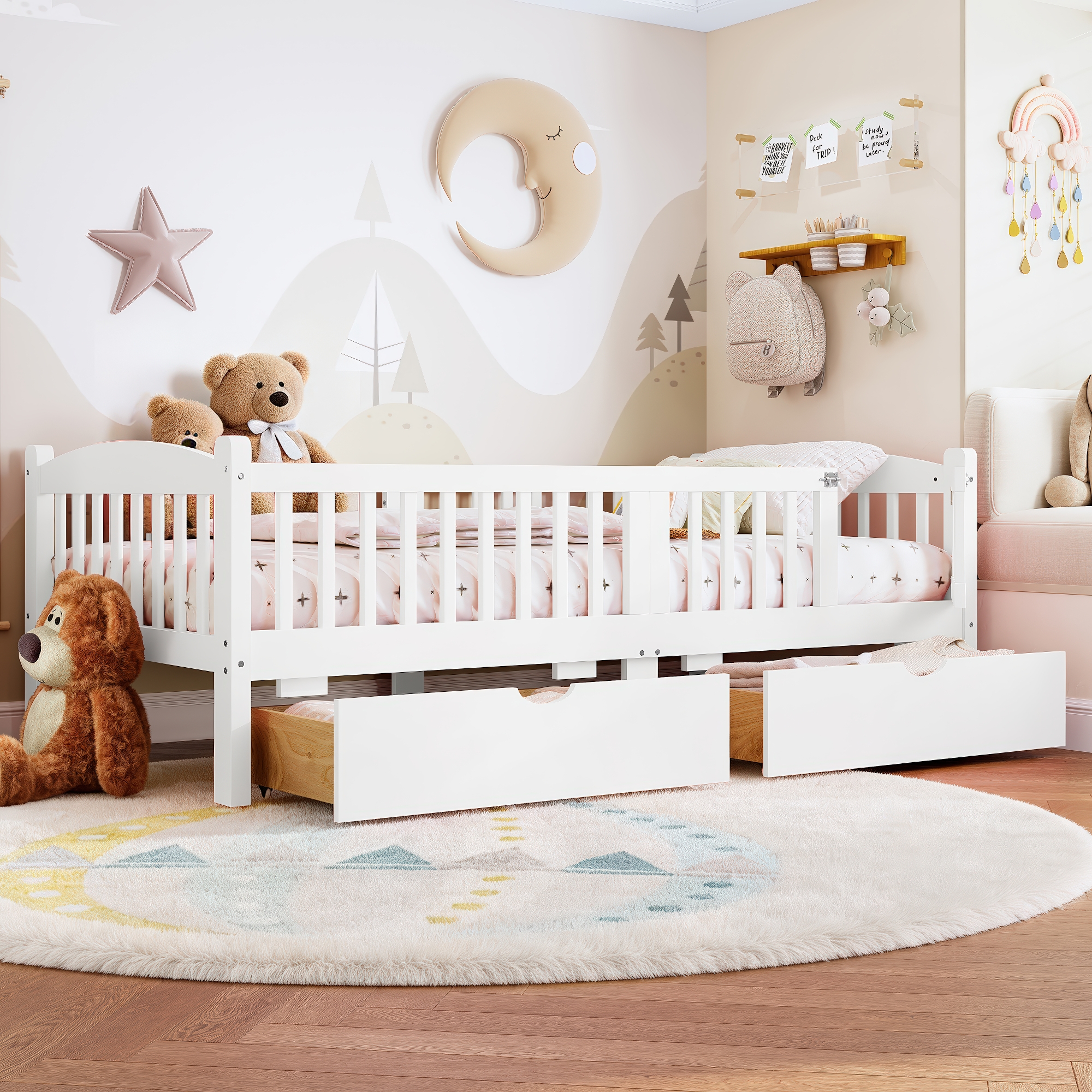Twin Platform Bed with Full-length Guardrails, Kids Platform Bed with Storage Drawers, Childlike and Cute Headboard Design, White