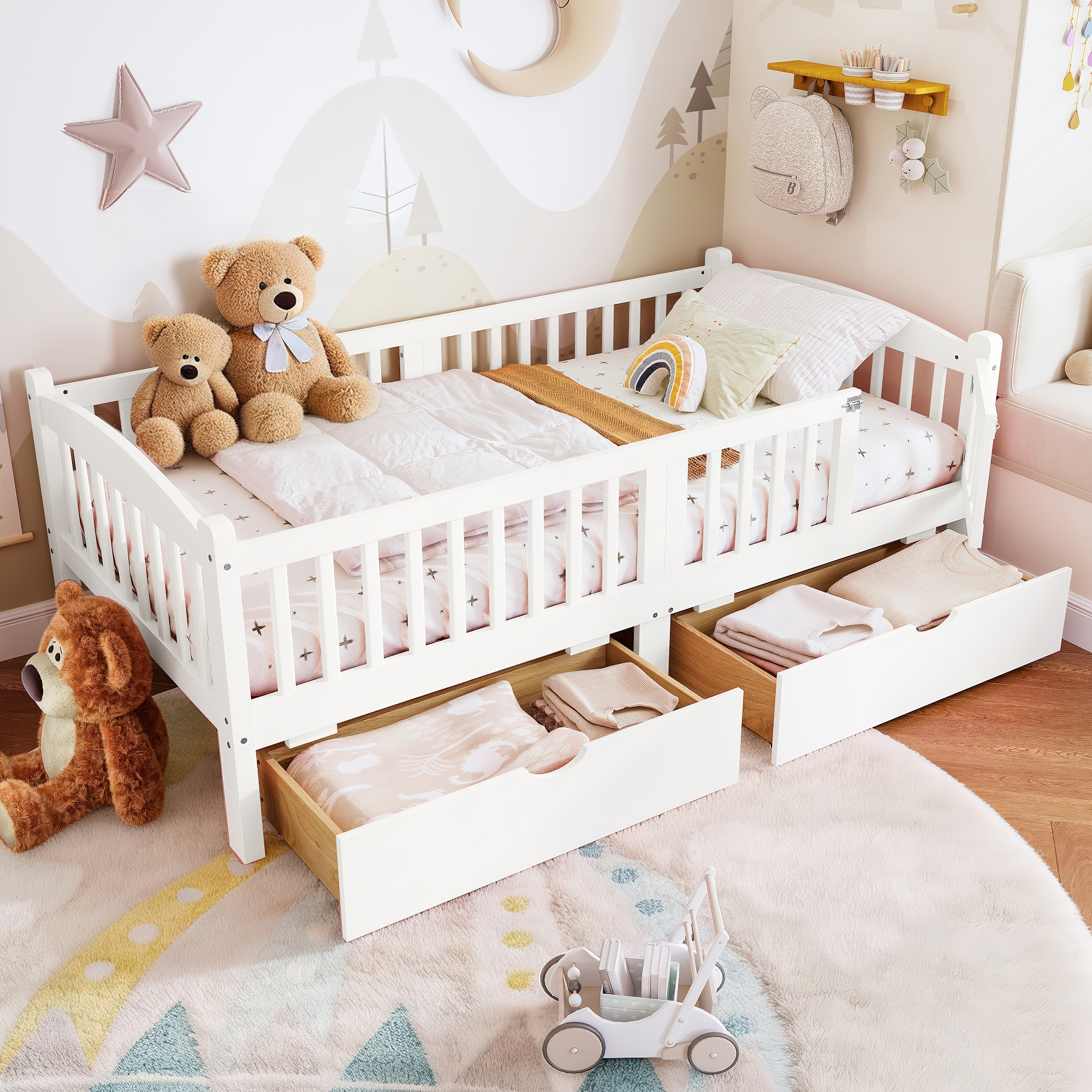 Twin Platform Bed with Full-length Guardrails, Kids Platform Bed with Storage Drawers, Childlike and Cute Headboard Design, White - Image 2