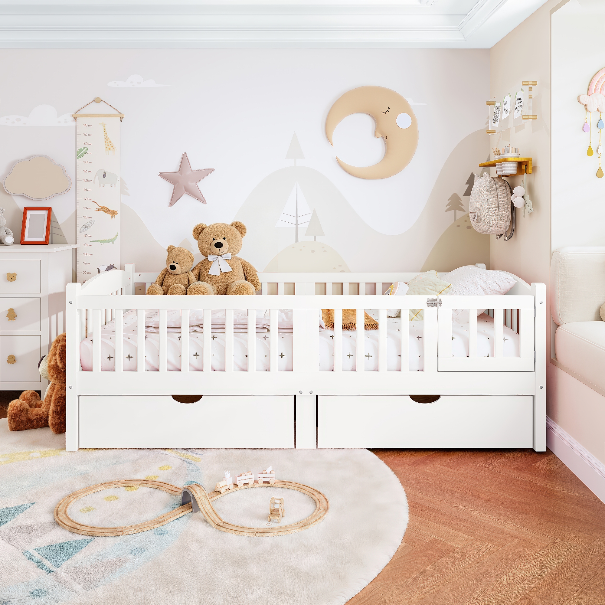 Twin Platform Bed with Full-length Guardrails, Kids Platform Bed with Storage Drawers, Childlike and Cute Headboard Design, White - Image 3
