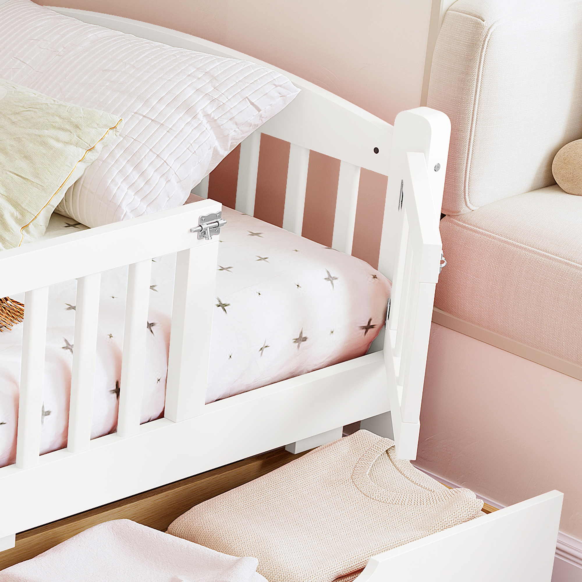 Twin Platform Bed with Full-length Guardrails, Kids Platform Bed with Storage Drawers, Childlike and Cute Headboard Design, White - Image 4