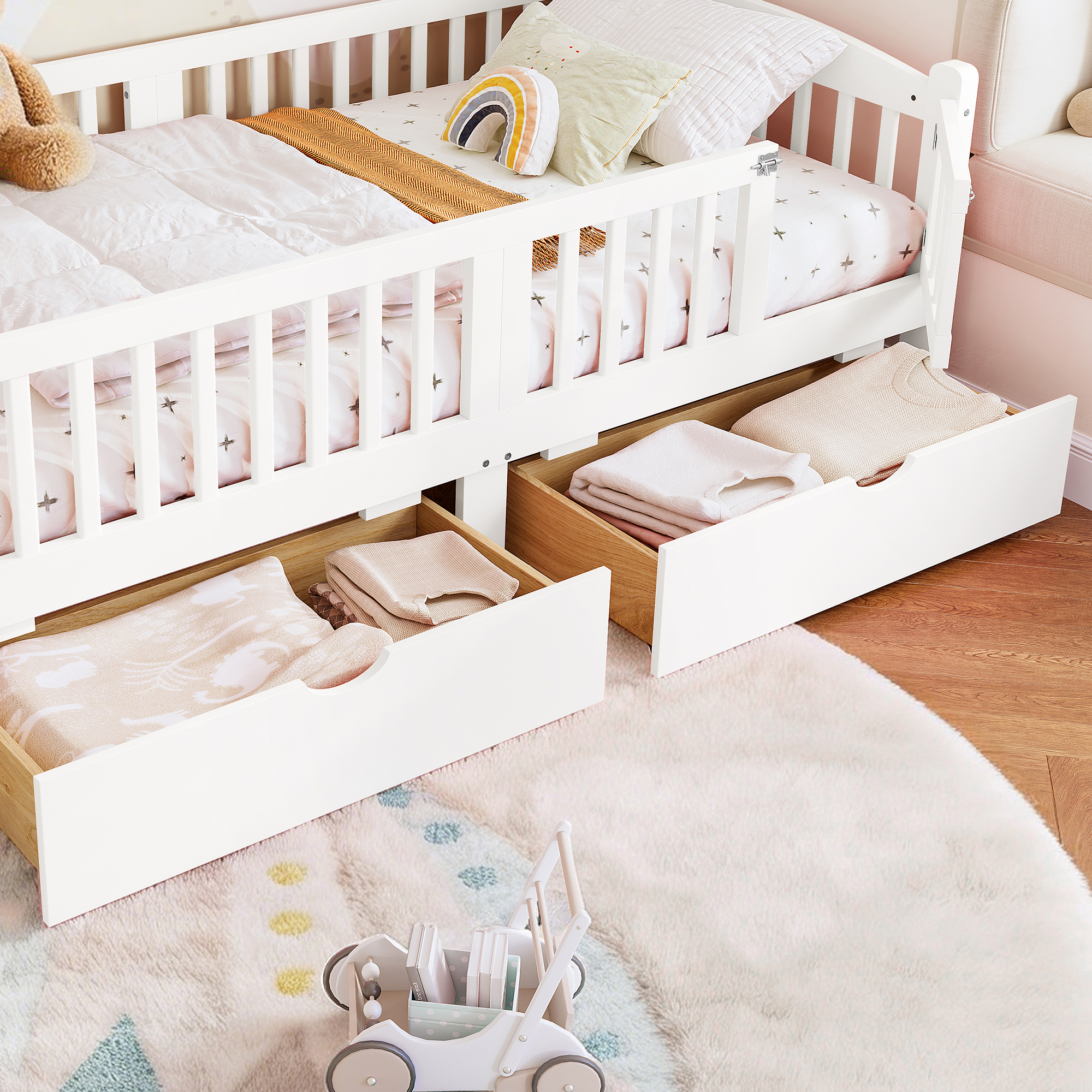 Twin Platform Bed with Full-length Guardrails, Kids Platform Bed with Storage Drawers, Childlike and Cute Headboard Design, White - Image 5