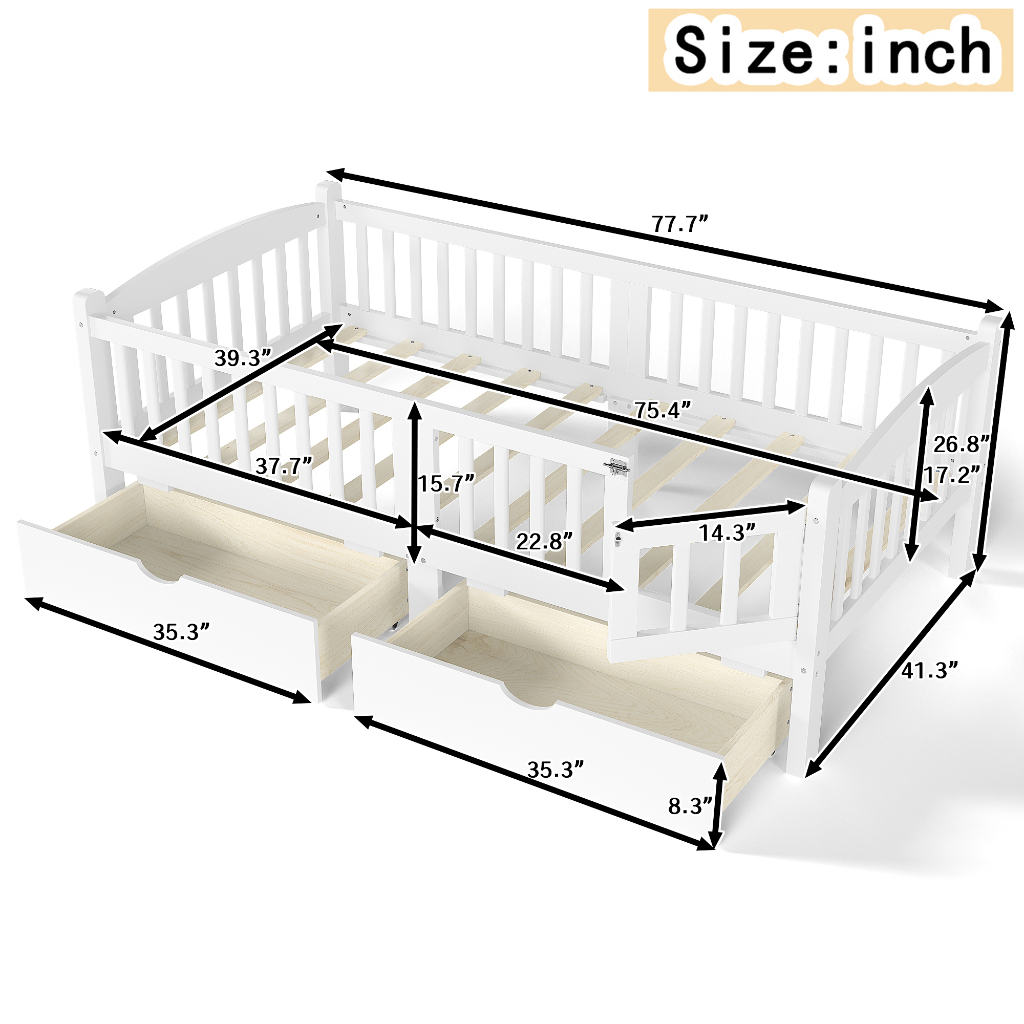 Twin Platform Bed with Full-length Guardrails, Kids Platform Bed with Storage Drawers, Childlike and Cute Headboard Design, White - Image 6