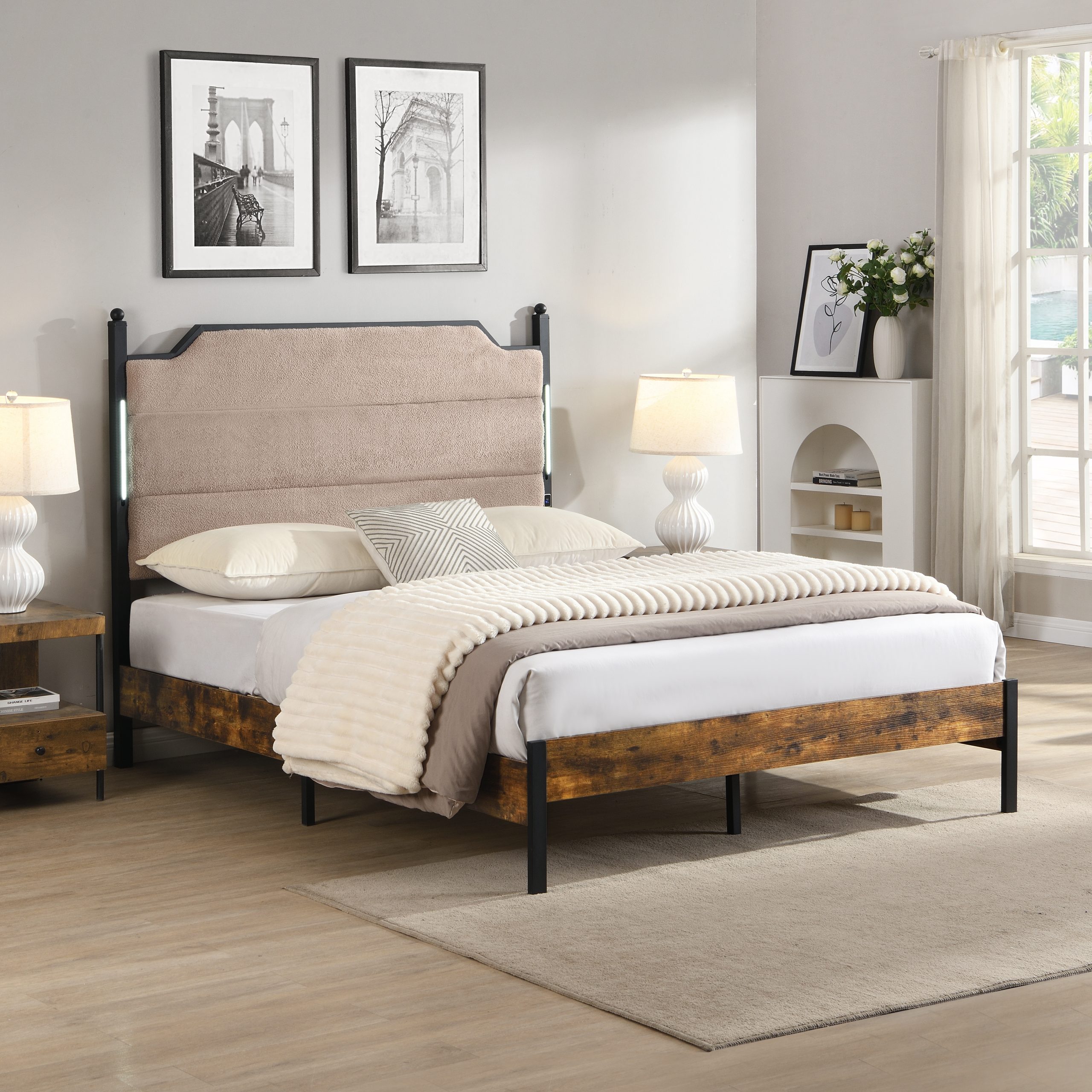 Queen Bed Frame , Upholstered headboard with Charging and Touch sensitive LED Lights, Under Bed Storage, No Box Spring Needed,Noise Free - Image 1