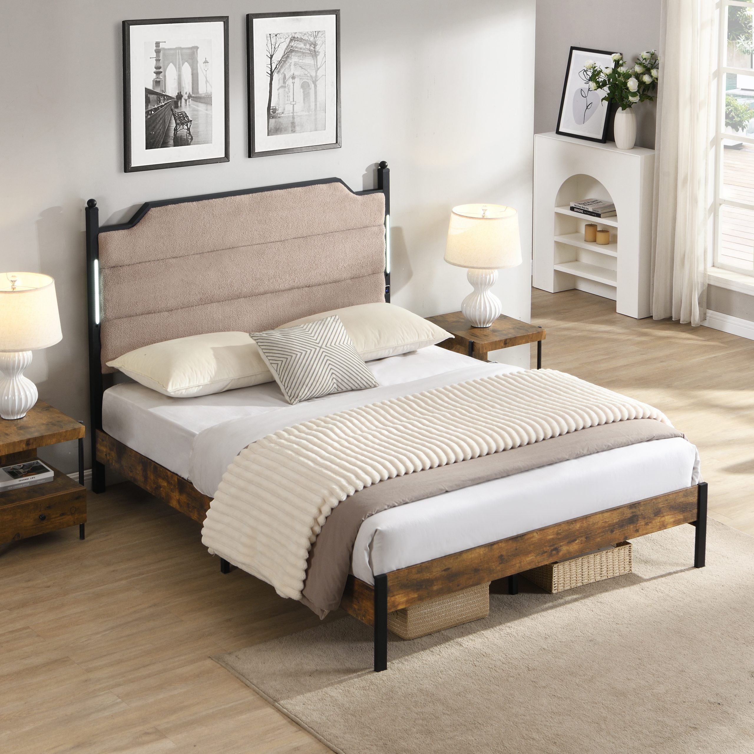 Queen Bed Frame , Upholstered headboard with Charging and Touch sensitive LED Lights, Under Bed Storage, No Box Spring Needed,Noise Free - Image 2