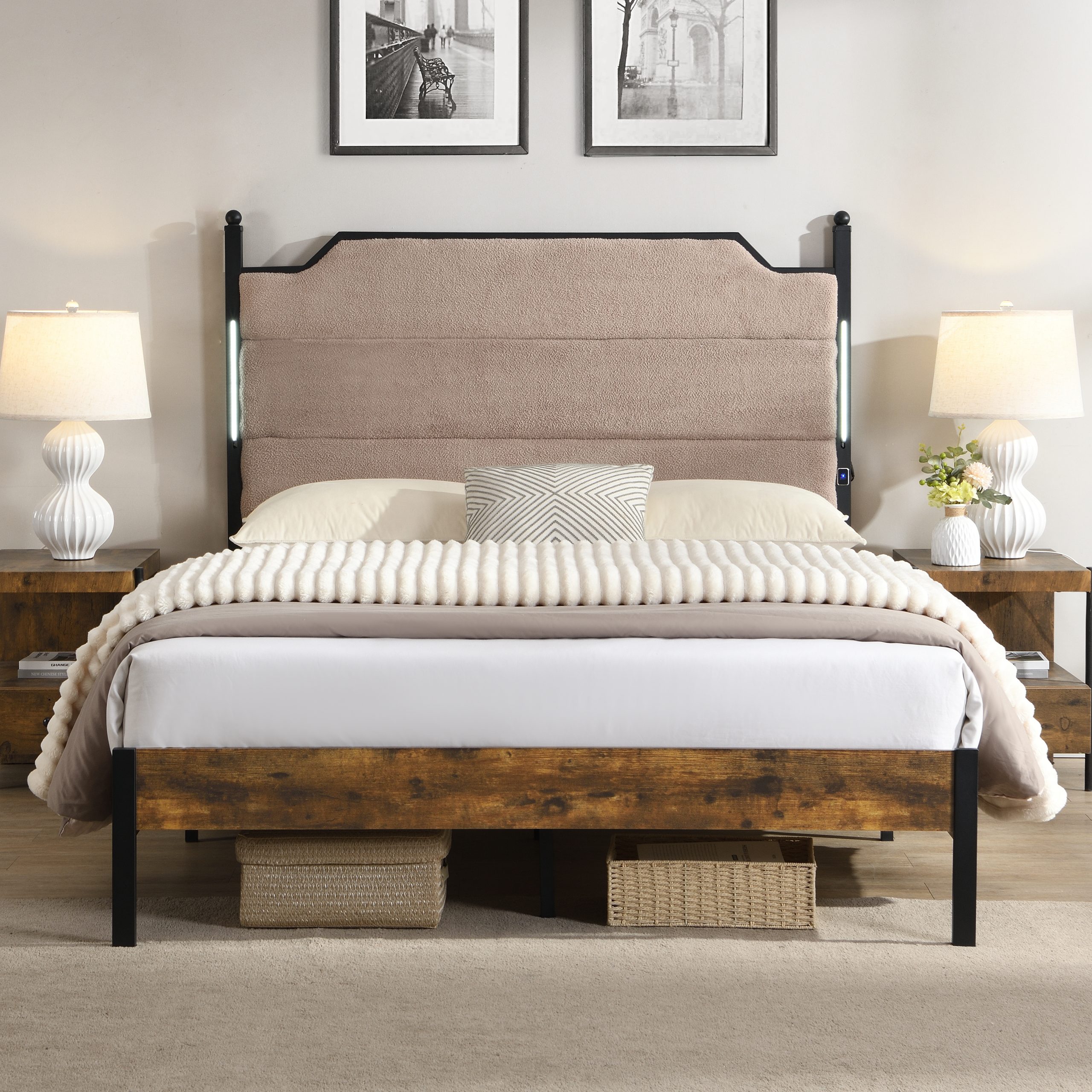 Queen Bed Frame , Upholstered headboard with Charging and Touch sensitive LED Lights, Under Bed Storage, No Box Spring Needed,Noise Free - Image 3