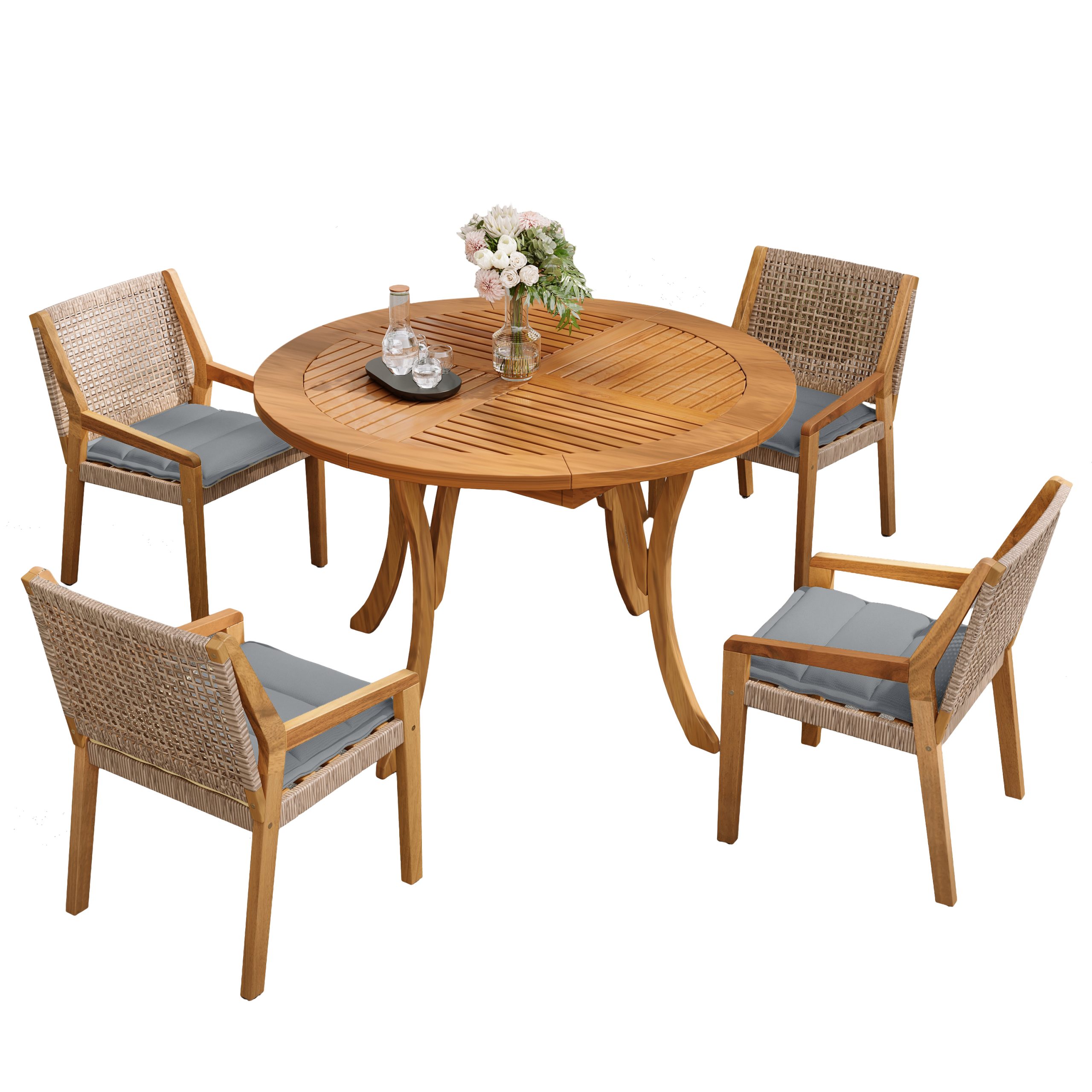 Modern 5-Piece Outdoor Dining Set - Acacia Wood Round Table with Curved Legs & 4 Wicker Armchairs, Teak Finish, 400 lbs Chair Capacity, for Patio, Garden, or Deck - Image 4