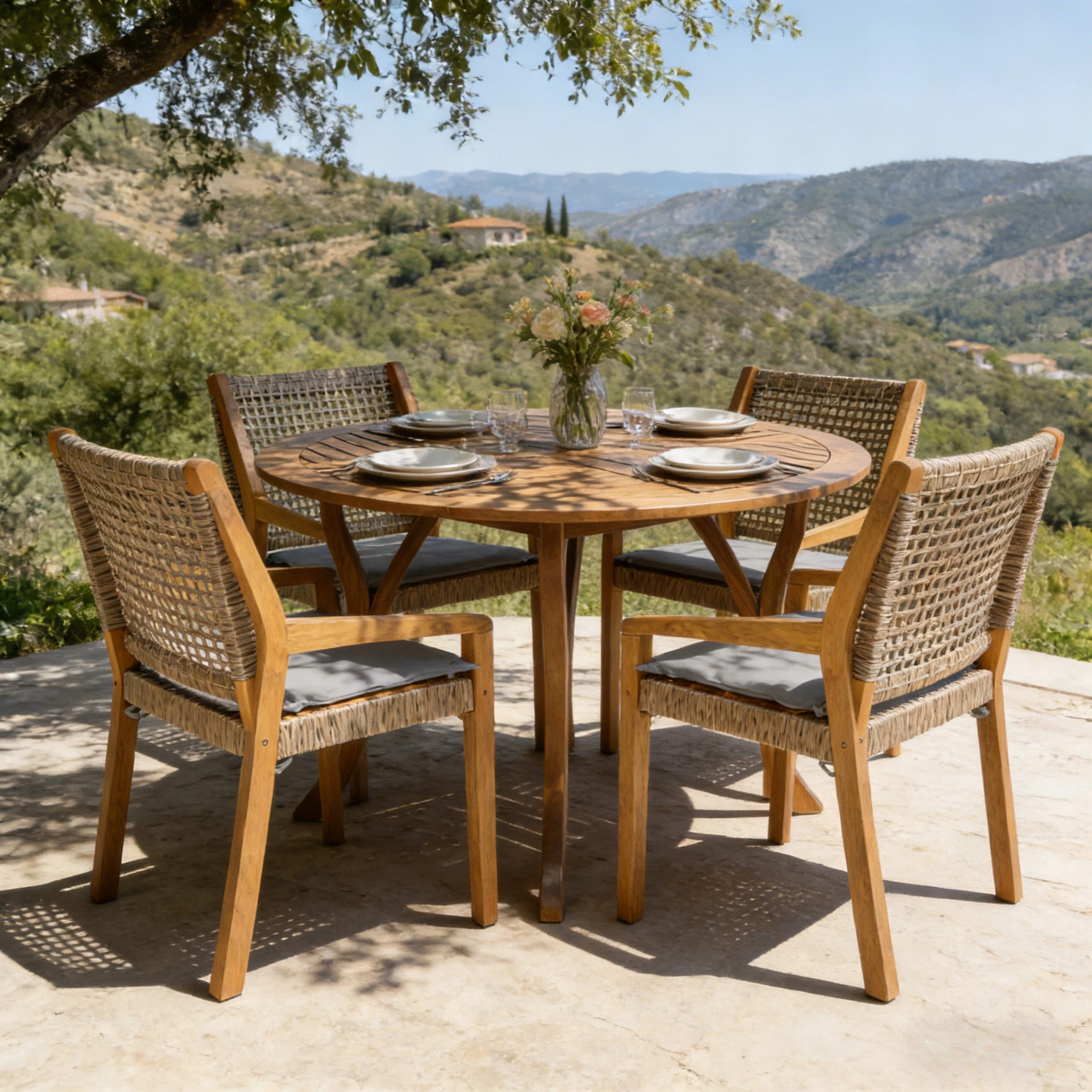 Modern 5-Piece Outdoor Dining Set - Acacia Wood Round Table with Curved Legs & 4 Wicker Armchairs, Teak Finish, 400 lbs Chair Capacity, for Patio, Garden, or Deck - Image 6