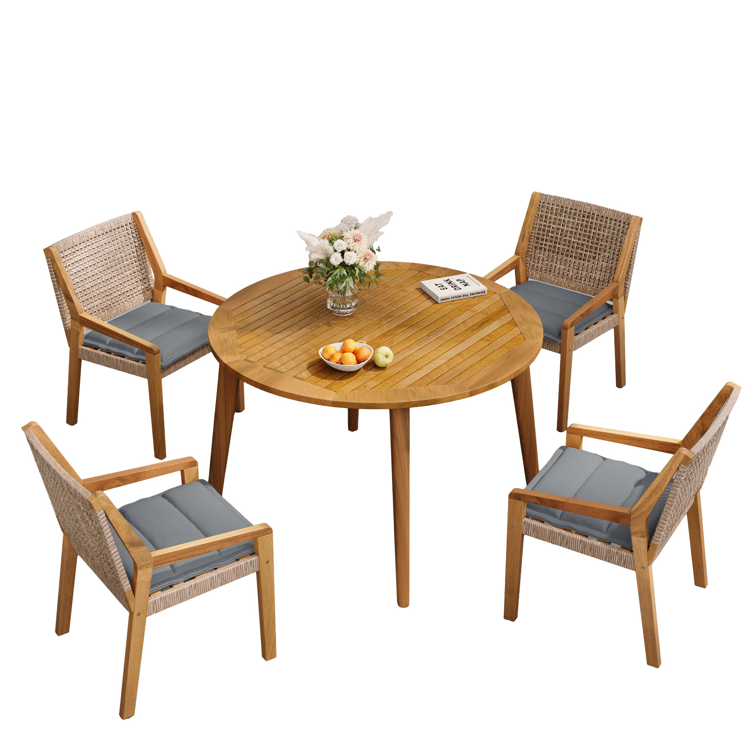 Modern 5-Piece Outdoor Dining Set - Acacia Wood Round Table & 4 Wicker Armchairs with Grey Cushions, Teak Finish, 400 lbs Chair Capacity, for Patio, Garden, or Deck - Image 4