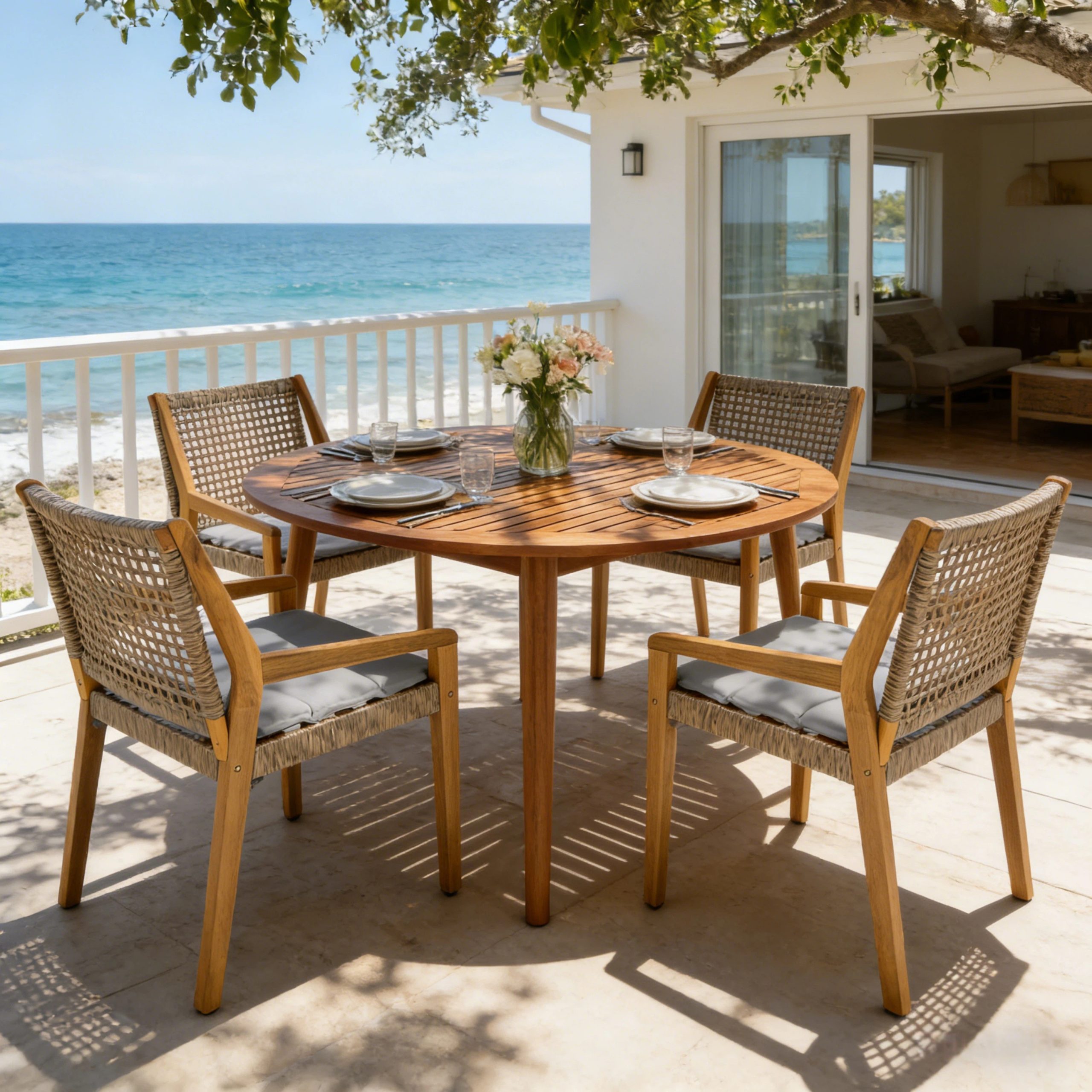 Modern 5-Piece Outdoor Dining Set - Acacia Wood Round Table & 4 Wicker Armchairs with Grey Cushions, Teak Finish, 400 lbs Chair Capacity, for Patio, Garden, or Deck - Image 5