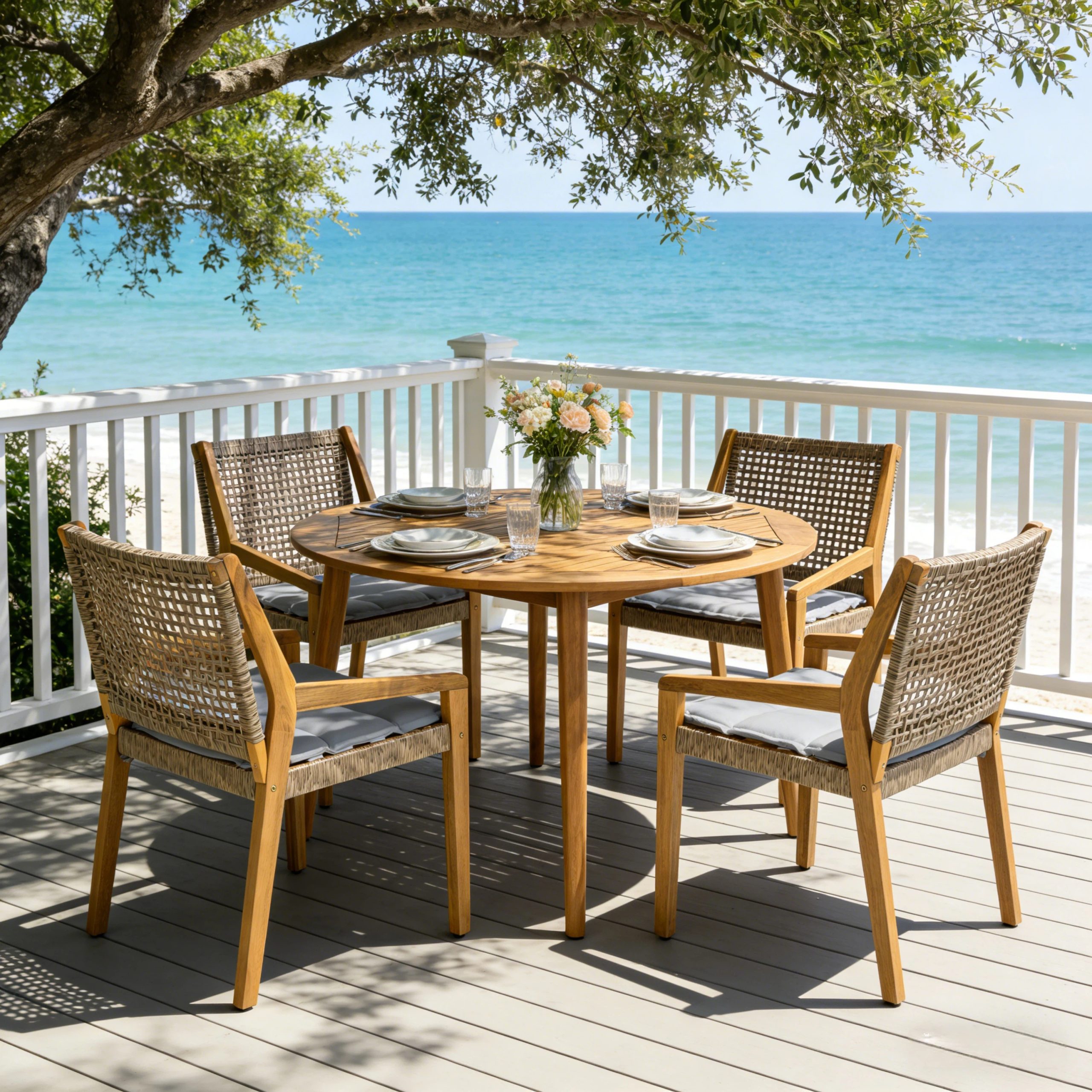 Modern 5-Piece Outdoor Dining Set - Acacia Wood Round Table & 4 Wicker Armchairs with Grey Cushions, Teak Finish, 400 lbs Chair Capacity, for Patio, Garden, or Deck - Image 6