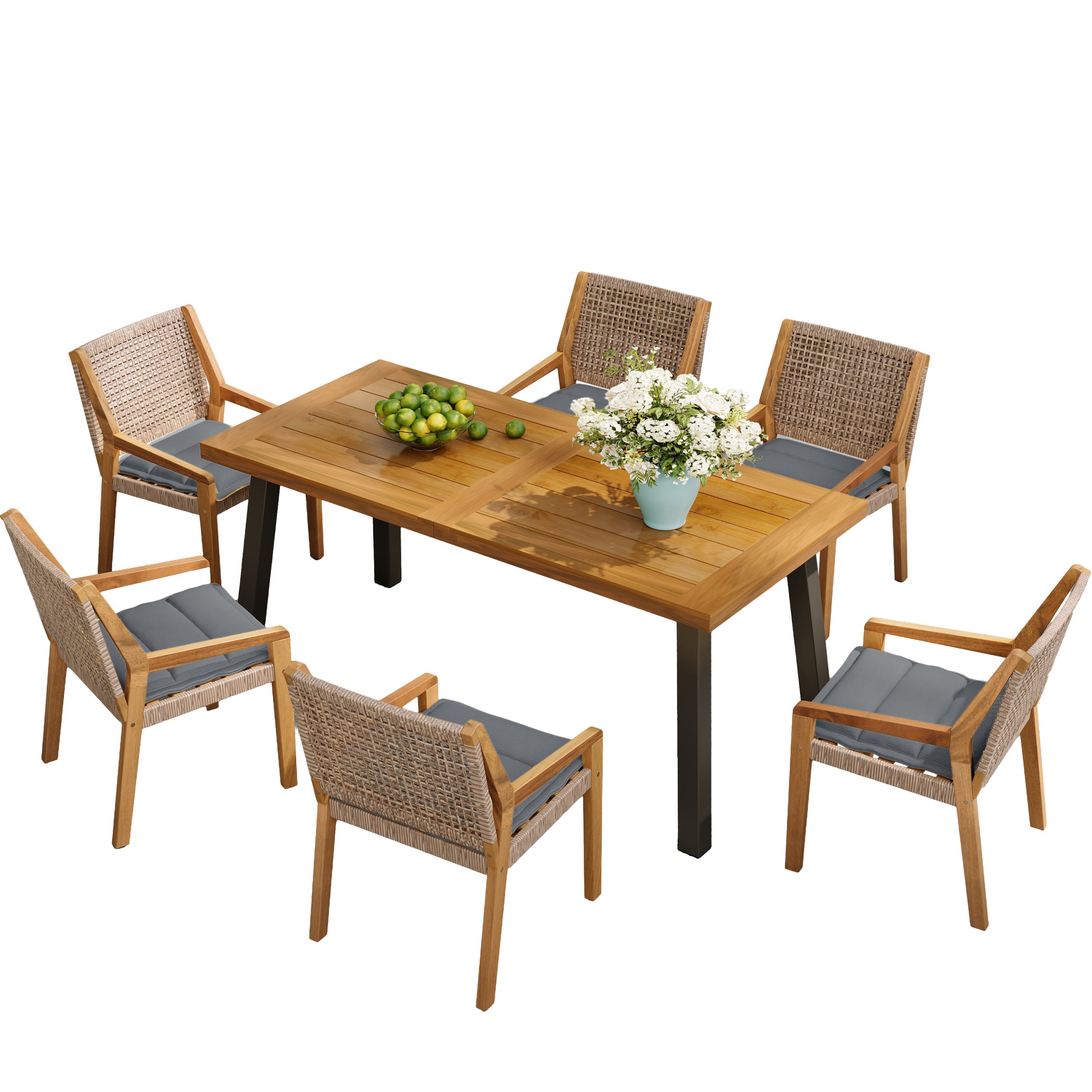 Modern 7-Piece Outdoor Dining Set - Acacia Wood Table with Iron Legs & 6 Wicker Armchairs, Teak Finish, 400 lbs Chair Capacity, for Patio, Garden, or Deck - Image 4
