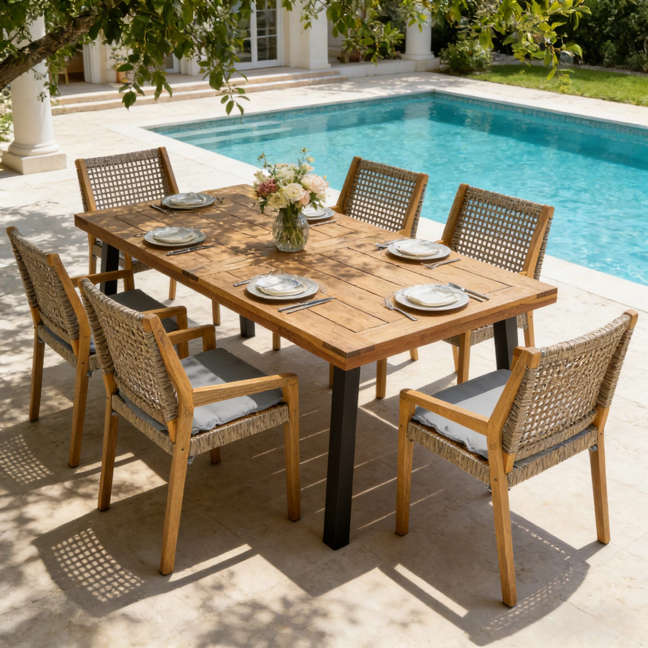 Modern 7-Piece Outdoor Dining Set - Acacia Wood Table with Iron Legs & 6 Wicker Armchairs, Teak Finish, 400 lbs Chair Capacity, for Patio, Garden, or Deck - Image 5
