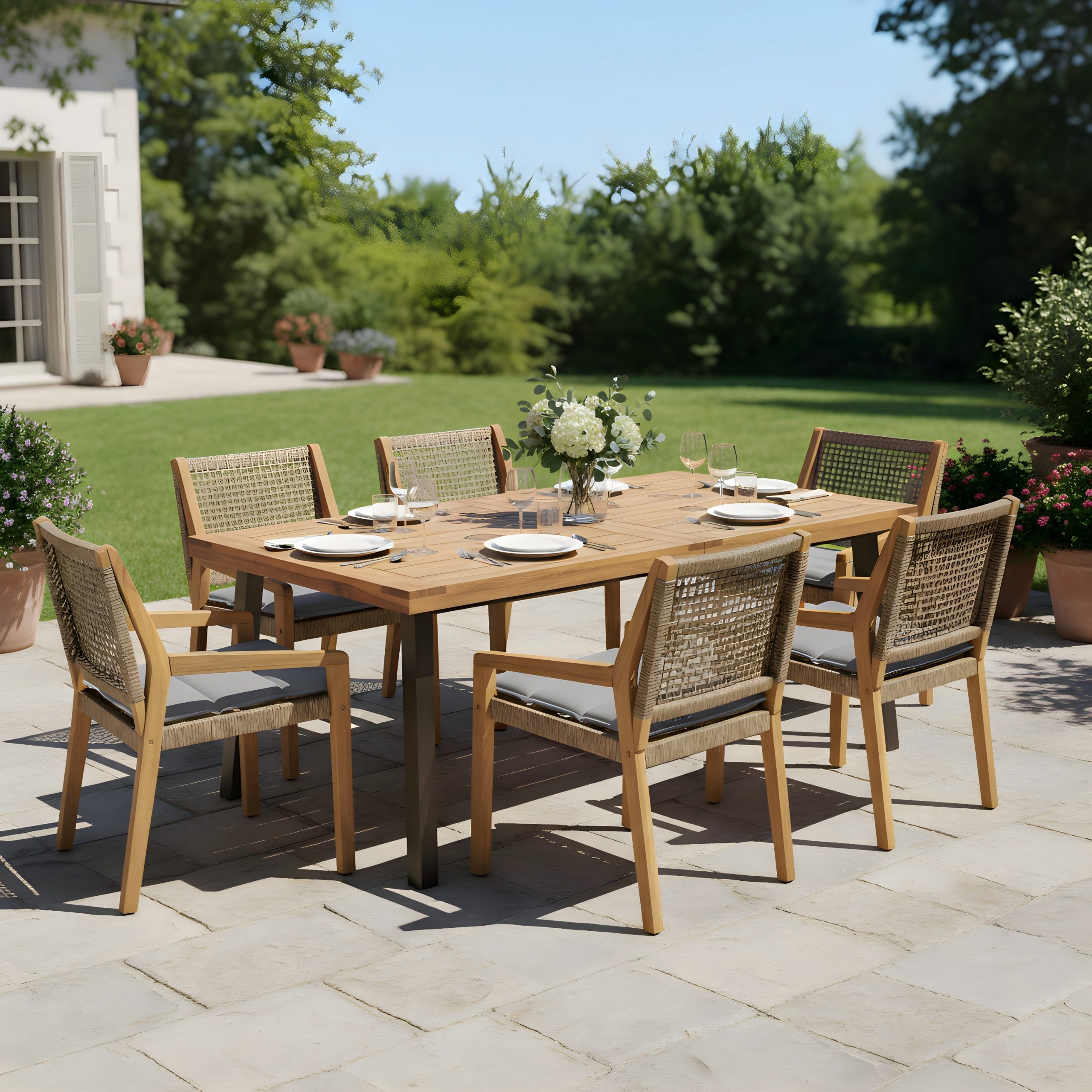 Modern 7-Piece Outdoor Dining Set - Acacia Wood Table with Iron Legs & 6 Wicker Armchairs, Teak Finish, 400 lbs Chair Capacity, for Patio, Garden, or Deck - Image 6