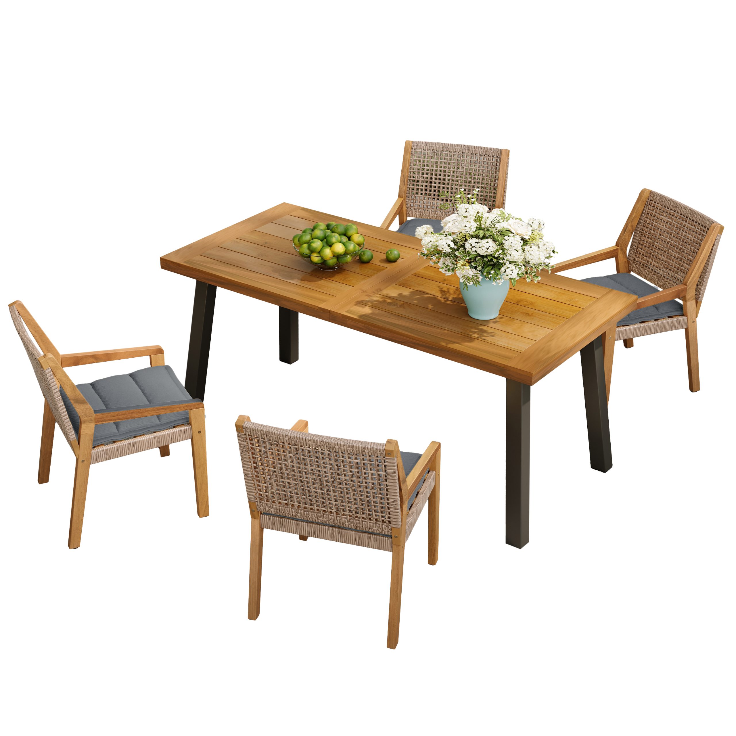 Modern Outdoor Dining Set - Acacia Wood Table with Iron Legs & 4 Wicker Armchairs, Teak Finish, 400 lbs Chair Capacity, for Patio, Garden, or Deck - Image 4