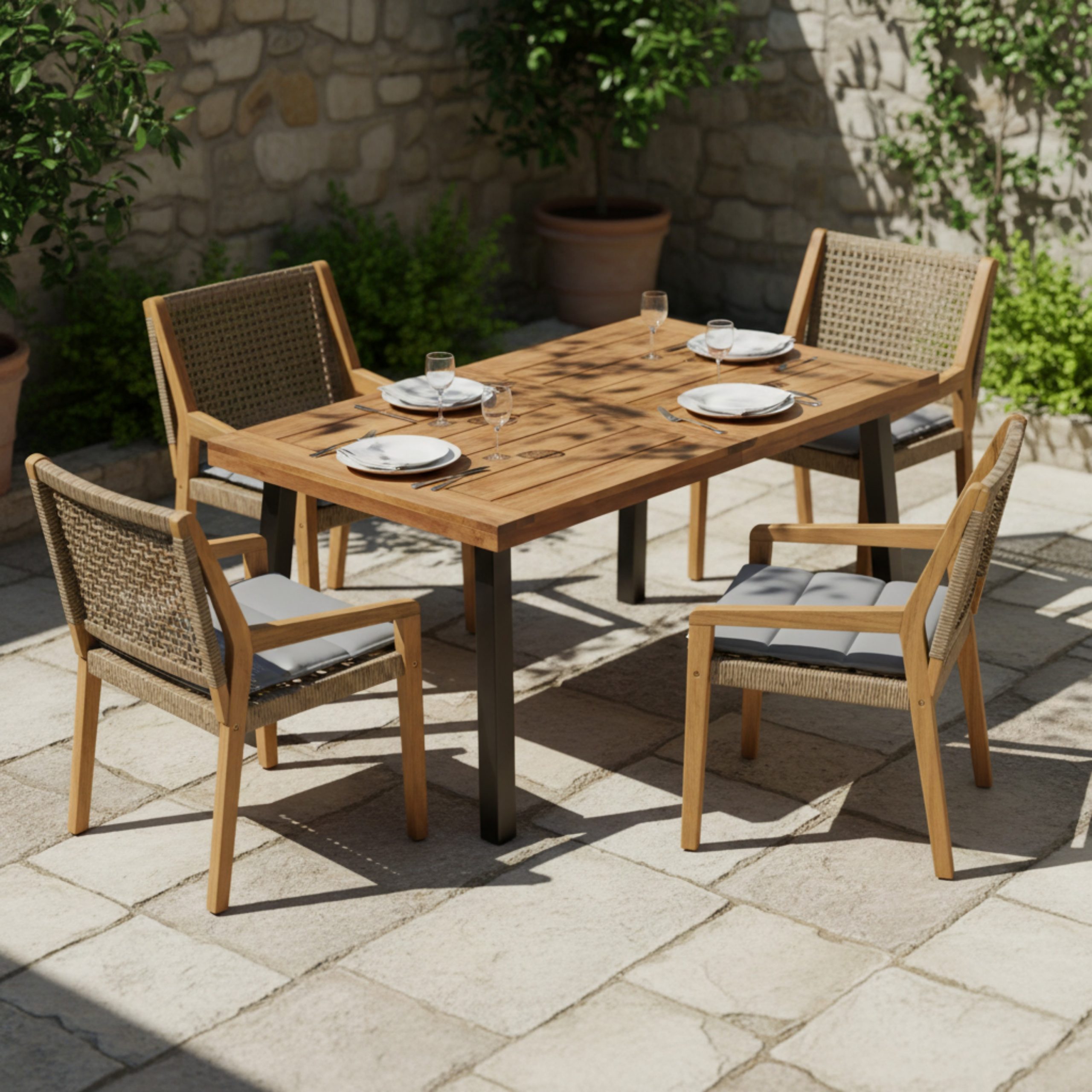 Modern Outdoor Dining Set - Acacia Wood Table with Iron Legs & 4 Wicker Armchairs, Teak Finish, 400 lbs Chair Capacity, for Patio, Garden, or Deck - Image 5