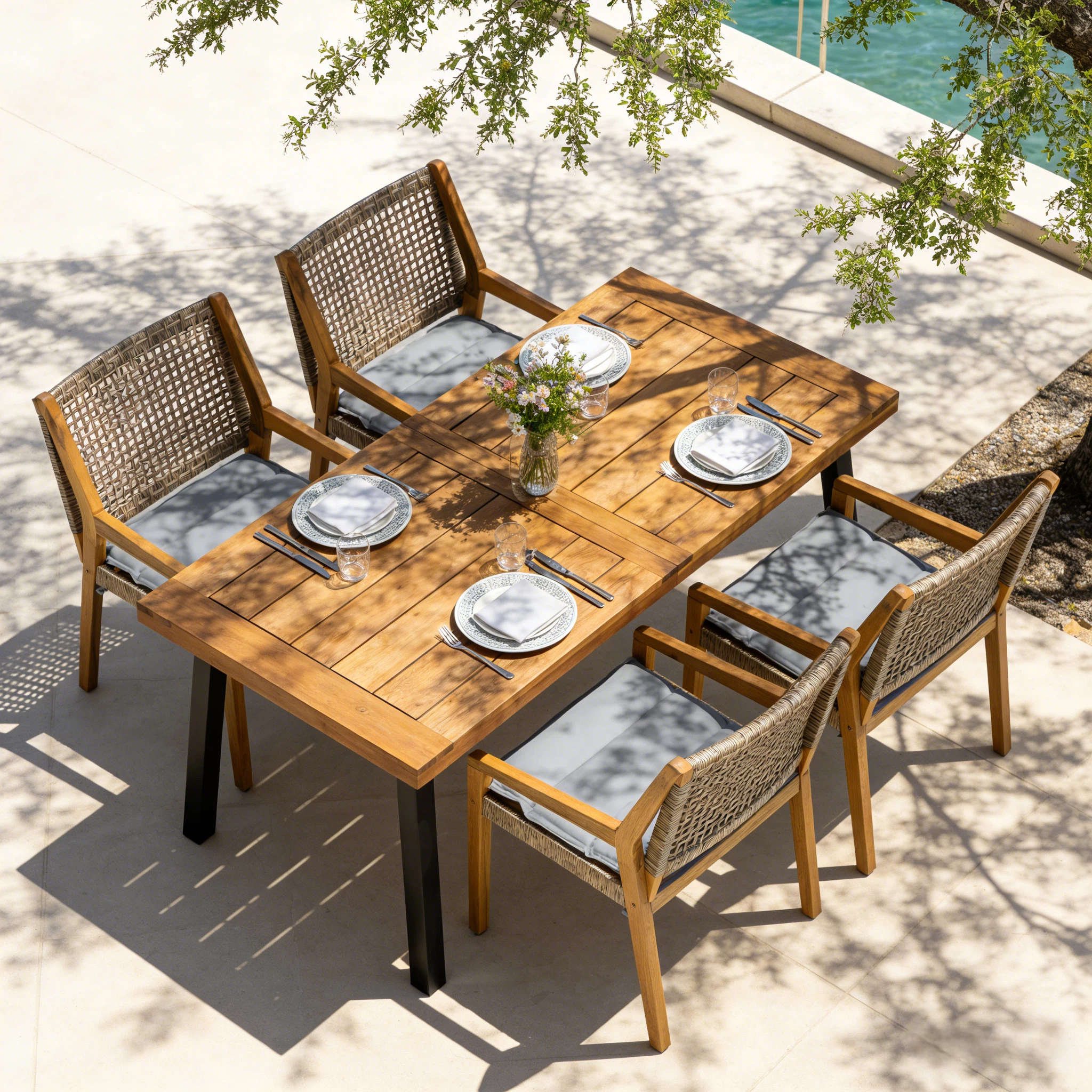 Modern Outdoor Dining Set - Acacia Wood Table with Iron Legs & 4 Wicker Armchairs, Teak Finish, 400 lbs Chair Capacity, for Patio, Garden, or Deck - Image 6