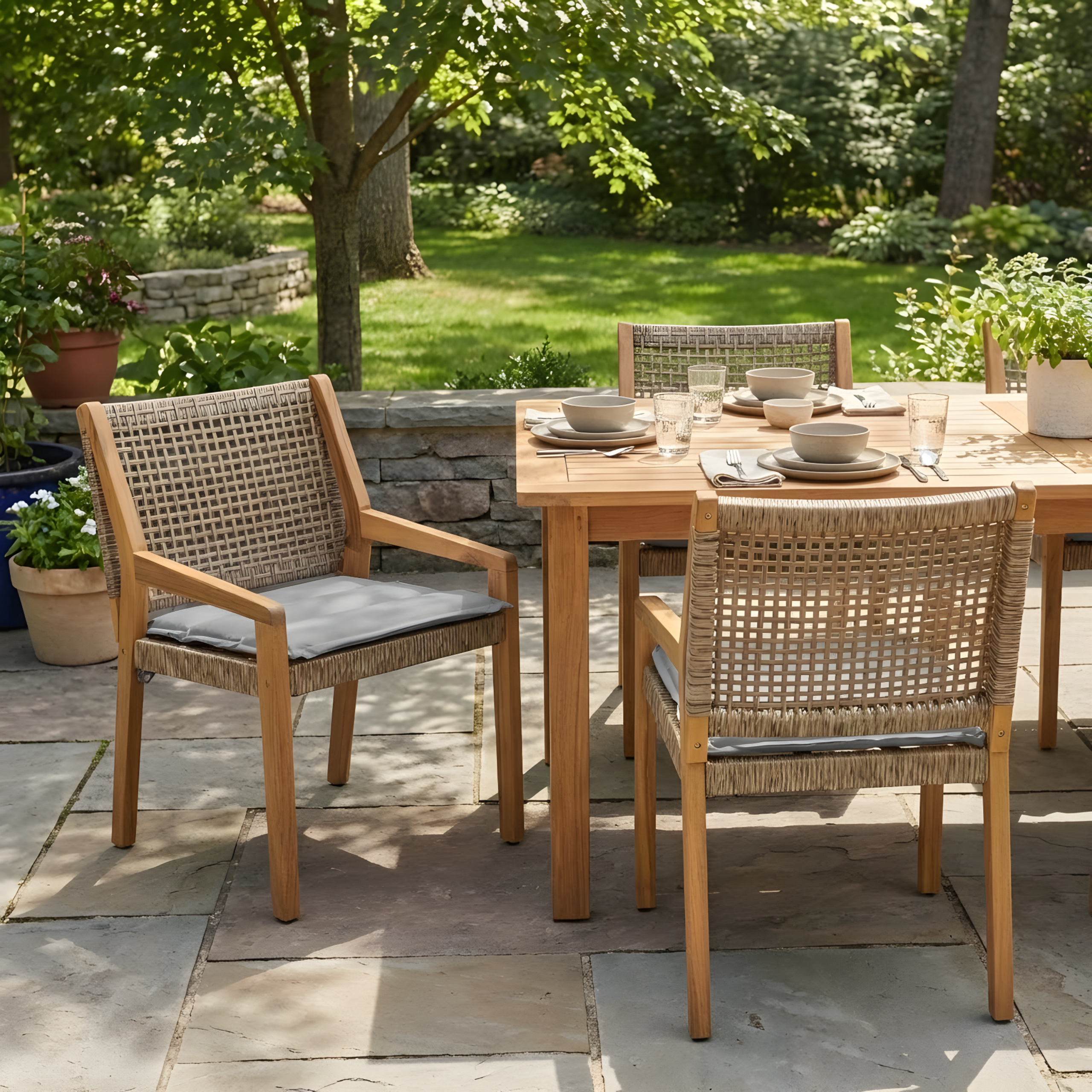 Modern Outdoor Dining Chairs Set of 2 - All Weather Acacia Wood & Wicker Armchair with Armrests, Heavy Duty 400 lbs Capacity, Set of 2 per Box, for Patio, Garden, or Deck - Image 3