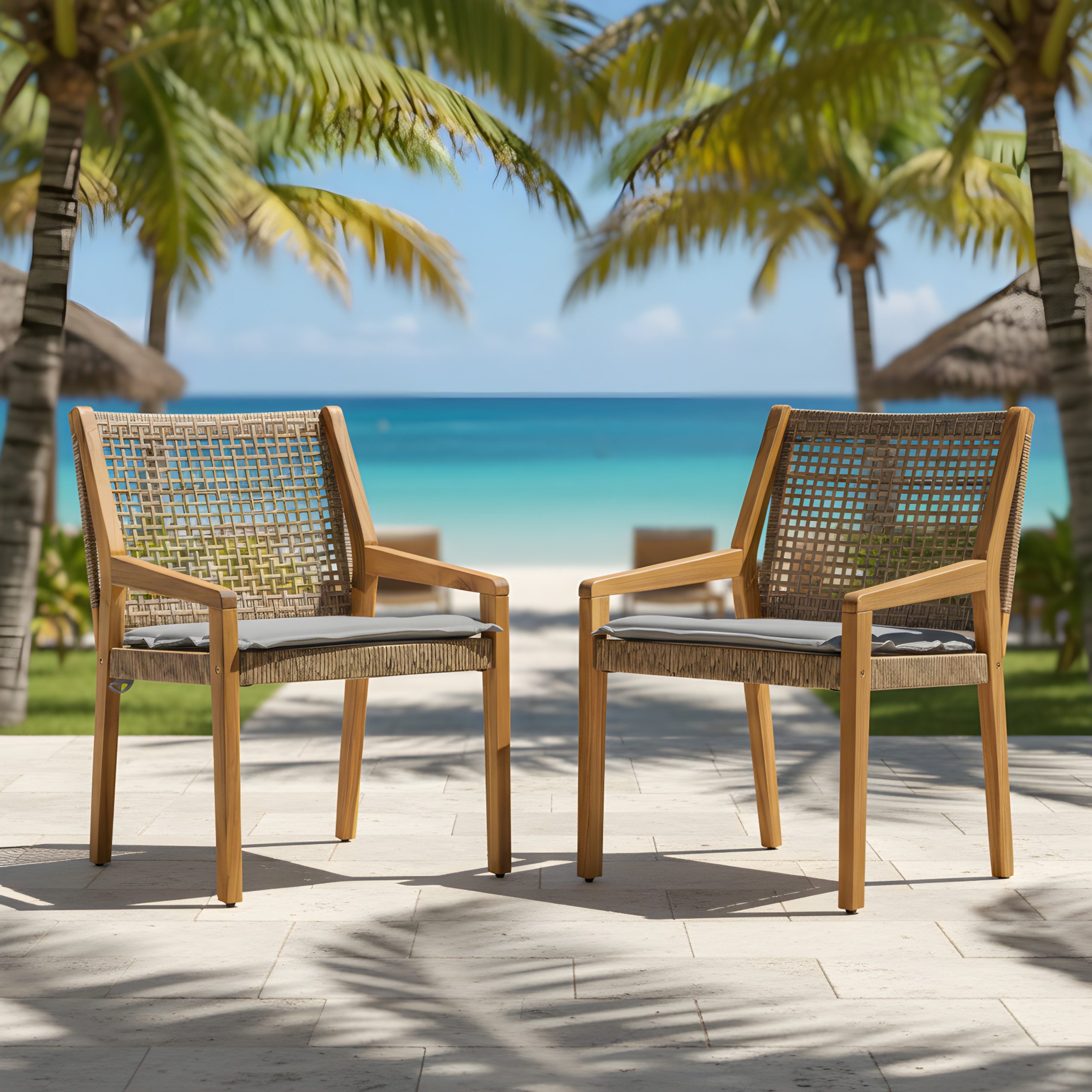 Modern Outdoor Dining Chairs Set of 2 - All Weather Acacia Wood & Wicker Armchair with Armrests, Heavy Duty 400 lbs Capacity, Set of 2 per Box, for Patio, Garden, or Deck - Image 4