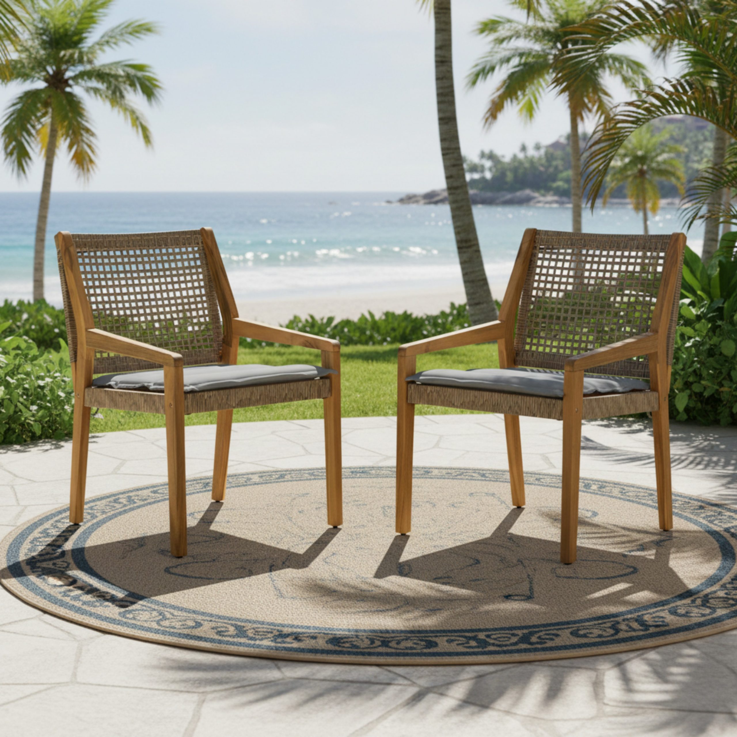 Modern Outdoor Dining Chairs Set of 2 - All Weather Acacia Wood & Wicker Armchair with Armrests, Heavy Duty 400 lbs Capacity, Set of 2 per Box, for Patio, Garden, or Deck - Image 5
