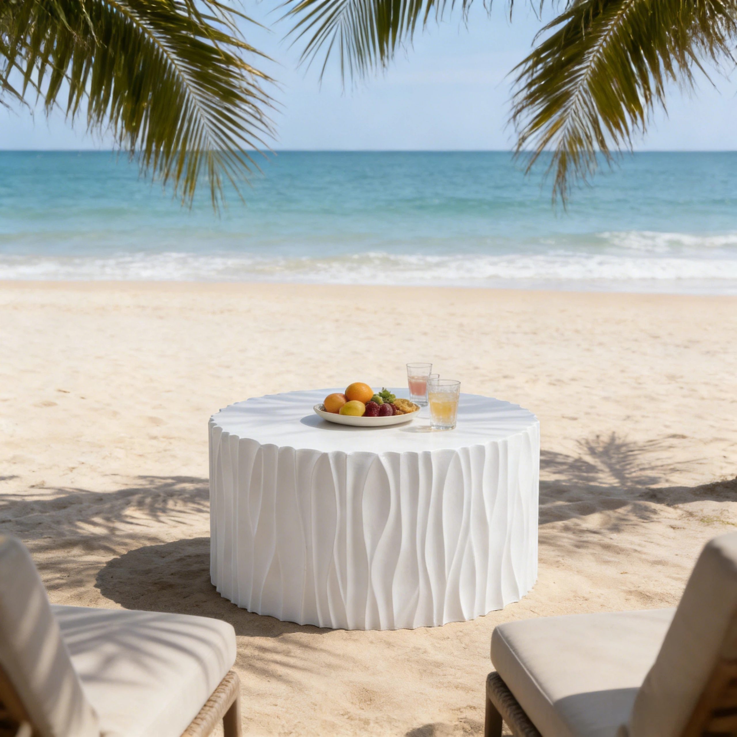 Modern White Outdoor Coffee Table with Wavy Fluted Design - 26.77" Round, 14.76" H, MGO Material, 66 lbs Capacity, Assembly-Free for Patio, Garden, or Balcony - Image 3