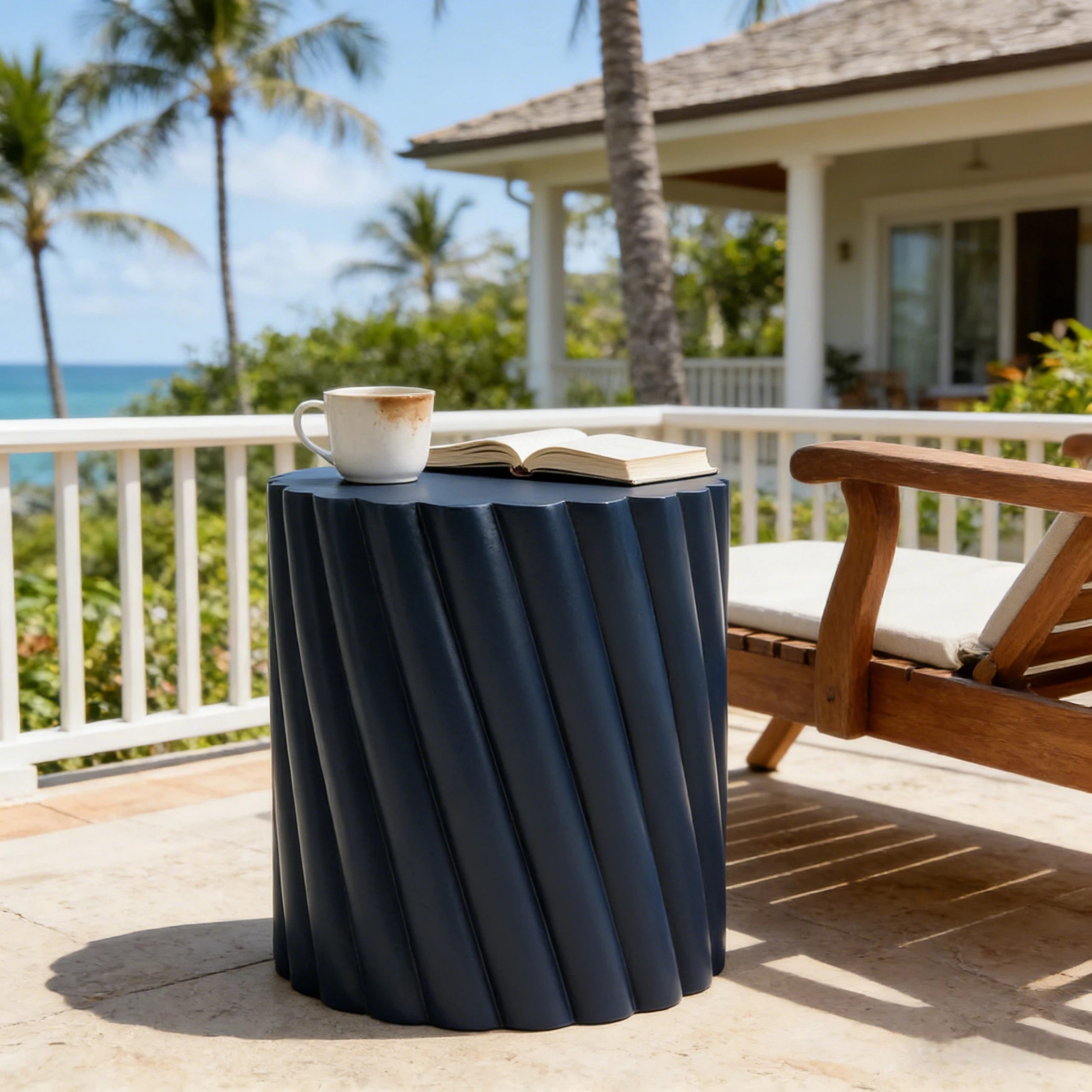 Modern Navy Blue Outdoor Table with Fluted Design - 16.02" Diameter, 18.31" H, MGO Material, 250 lbs Capacity, Assembly-Free Accent Table or Seat for Patio, Garden, or Balcony - Image 3