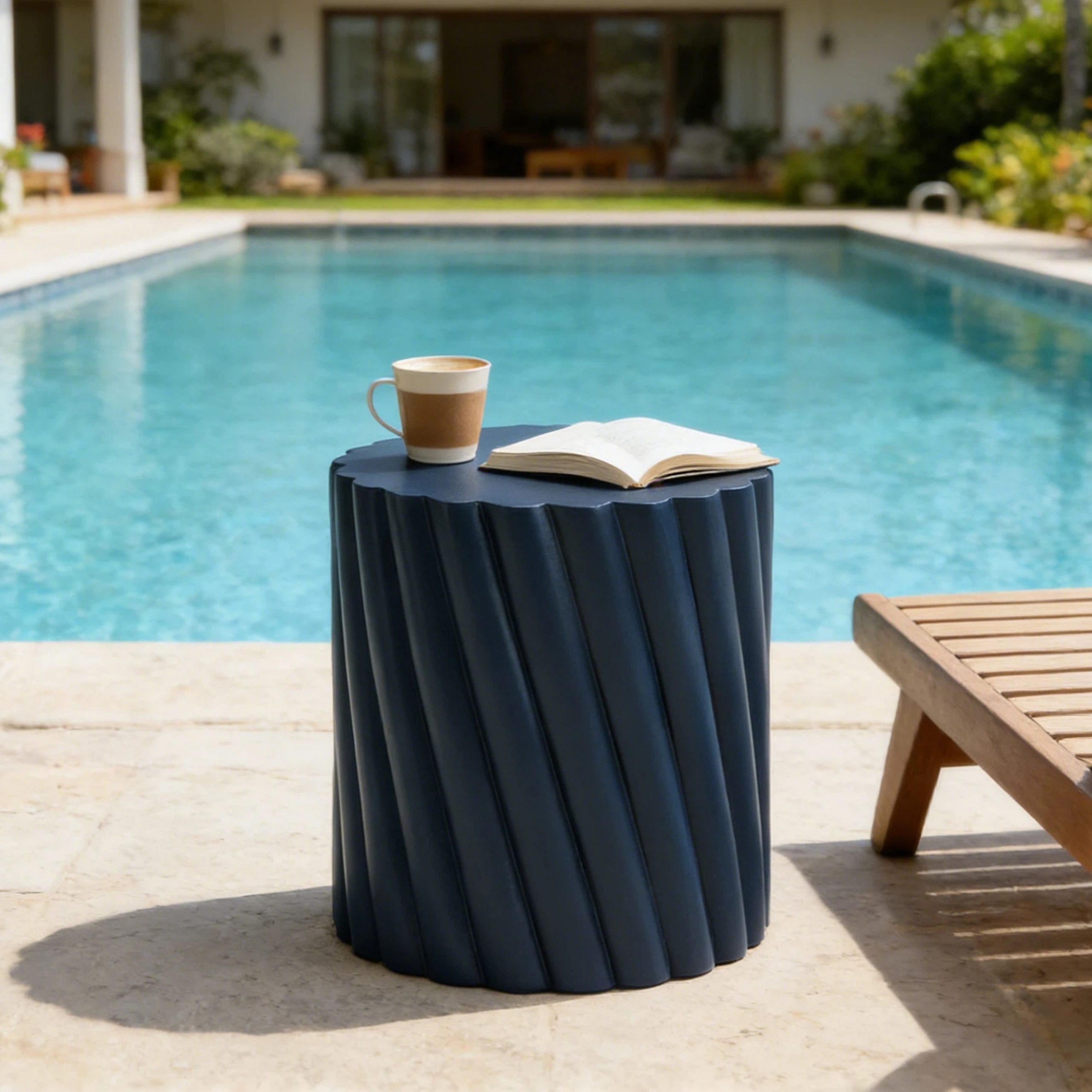 Modern Navy Blue Outdoor Table with Fluted Design - 16.02" Diameter, 18.31" H, MGO Material, 250 lbs Capacity, Assembly-Free Accent Table or Seat for Patio, Garden, or Balcony - Image 4