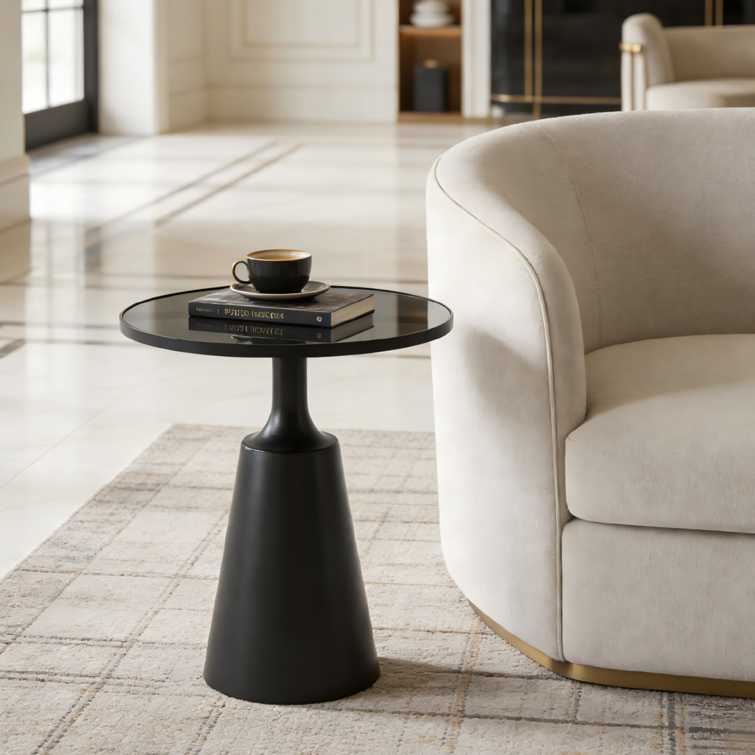 Modern Black Iron Side Table with Round Glass Top - 20" Diameter, 24.25" H, 75 lbs Capacity - Assembly-Free Accent Table for Living Room, Bedroom, or Office - Image 3