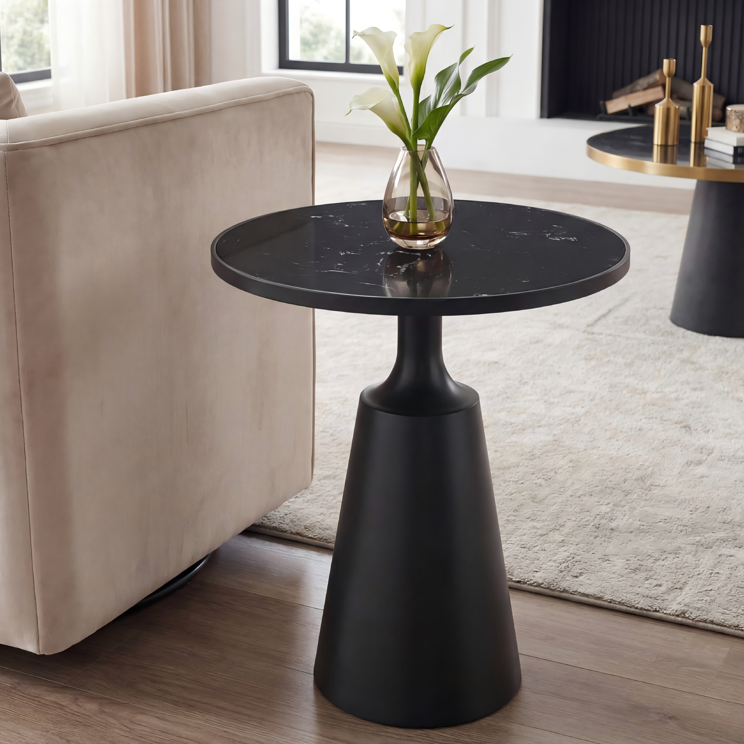 Modern Round Side Table with Marble Pattern Top and Black Iron Base, 20" Diameter, 24.25" H, 75 lbs Capacity - Assembly-Free Accent Table for Living Room, Bedroom, or Office - Image 3