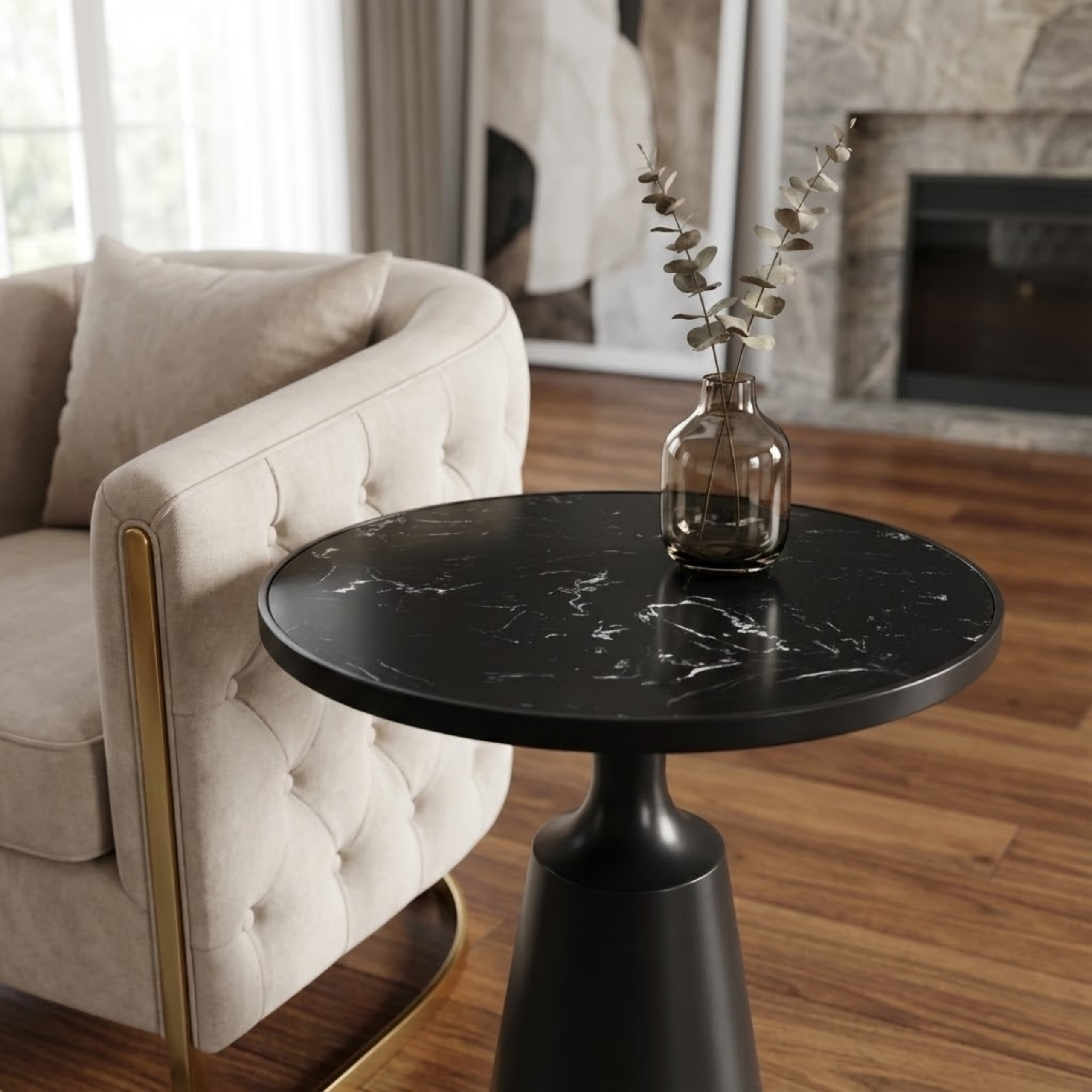 Modern Round Side Table with Marble Pattern Top and Black Iron Base, 20" Diameter, 24.25" H, 75 lbs Capacity - Assembly-Free Accent Table for Living Room, Bedroom, or Office - Image 4