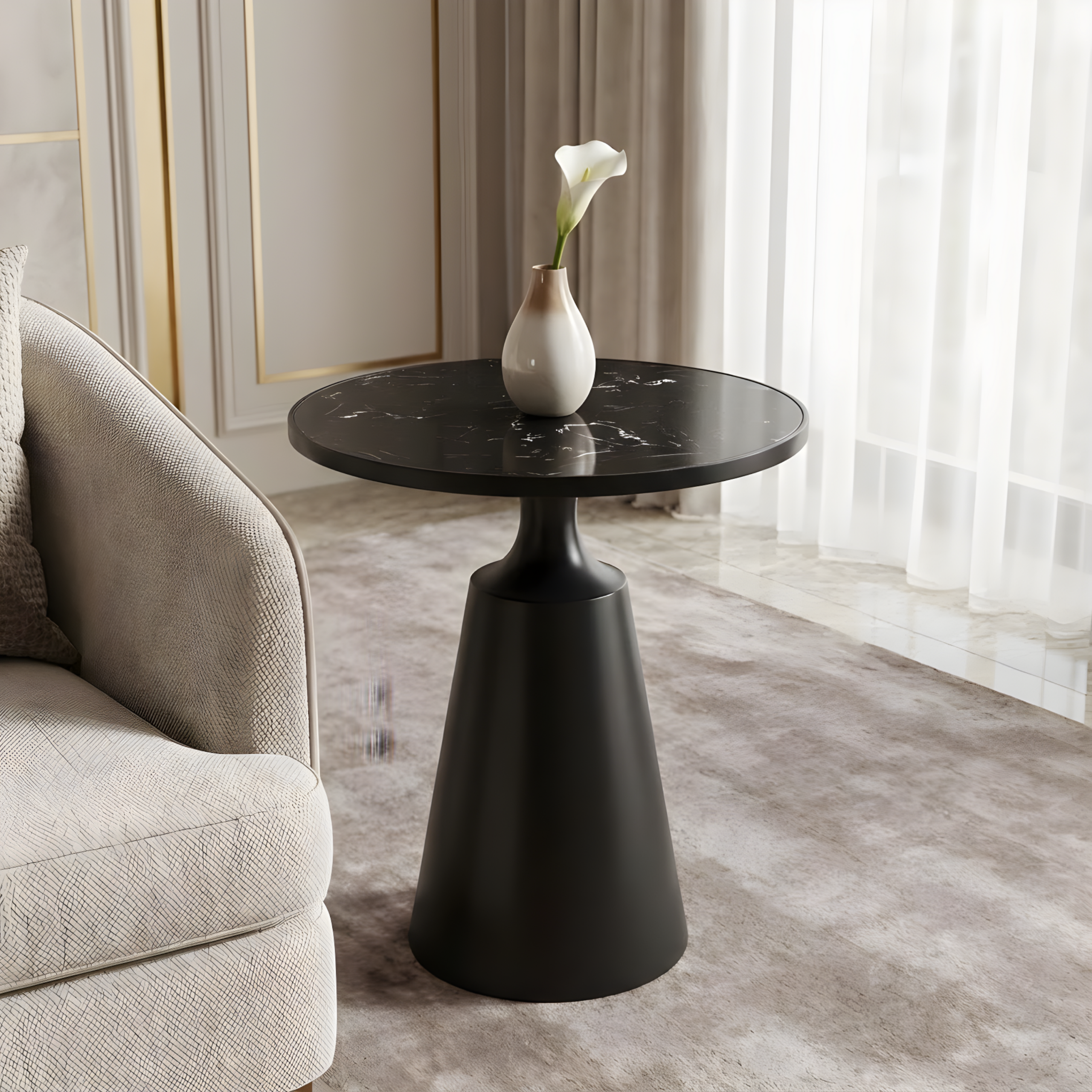 Modern Round Side Table with Marble Pattern Top and Black Iron Base, 20" Diameter, 24.25" H, 75 lbs Capacity - Assembly-Free Accent Table for Living Room, Bedroom, or Office - Image 5