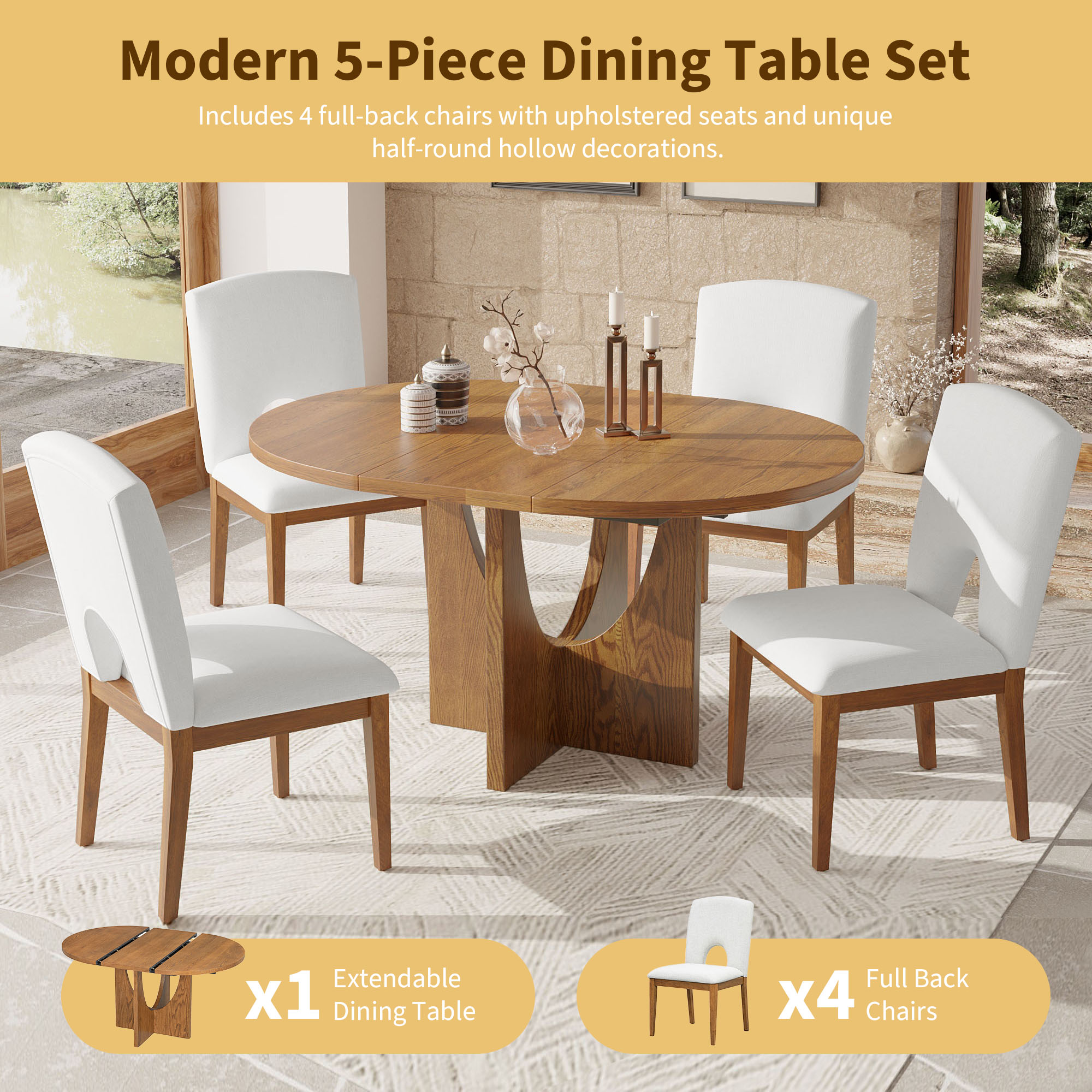 TOPMAX Modern 5-Piece Extendable Round Dining Table Set with 16.2inch Removable Leaf for Small Places, Walnut(old sku:SP000062) - Image 4