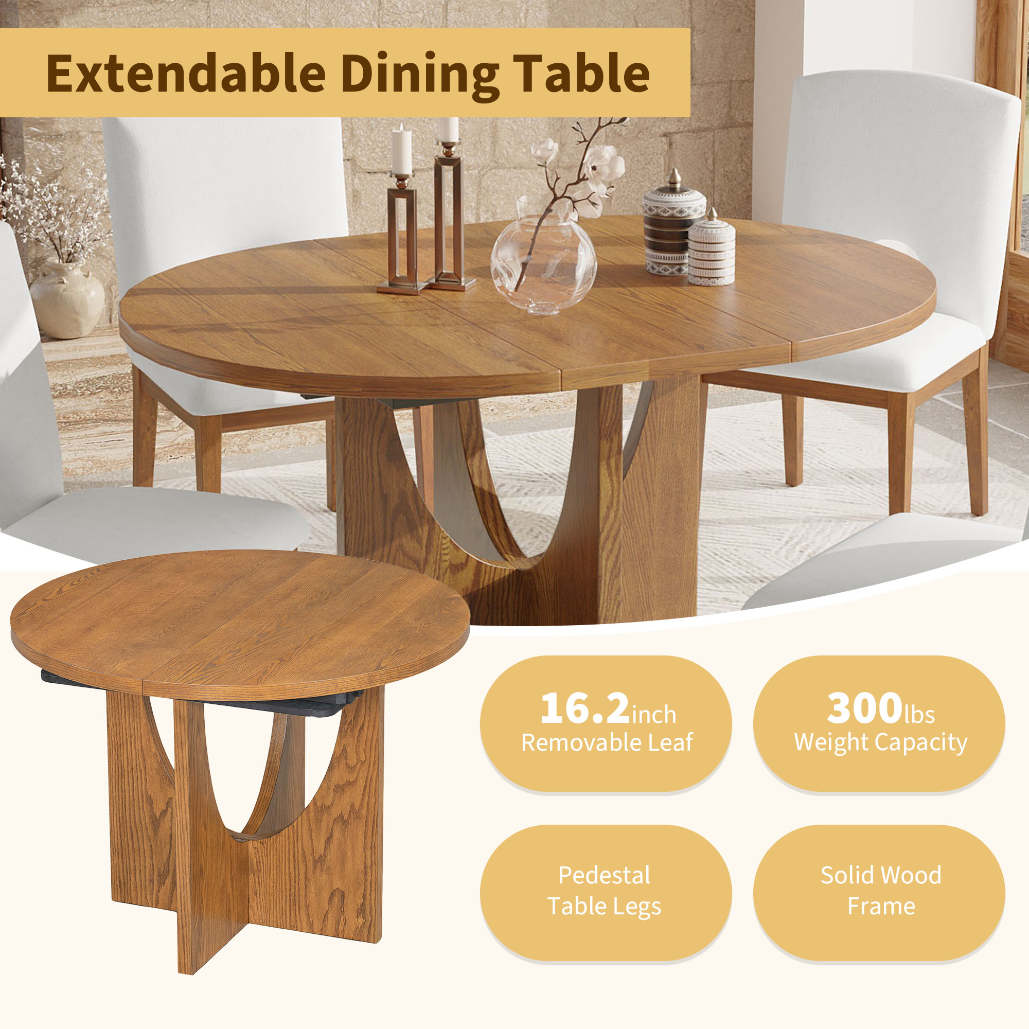 TOPMAX Modern 5-Piece Extendable Round Dining Table Set with 16.2inch Removable Leaf for Small Places, Walnut(old sku:SP000062) - Image 5