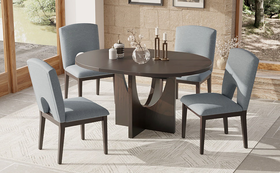 TOPMAX Modern 5-Piece Extendable Round Dining Table Set with 16.2inch Removable Leaf for Small Places, Espresso+Gray - Image 3