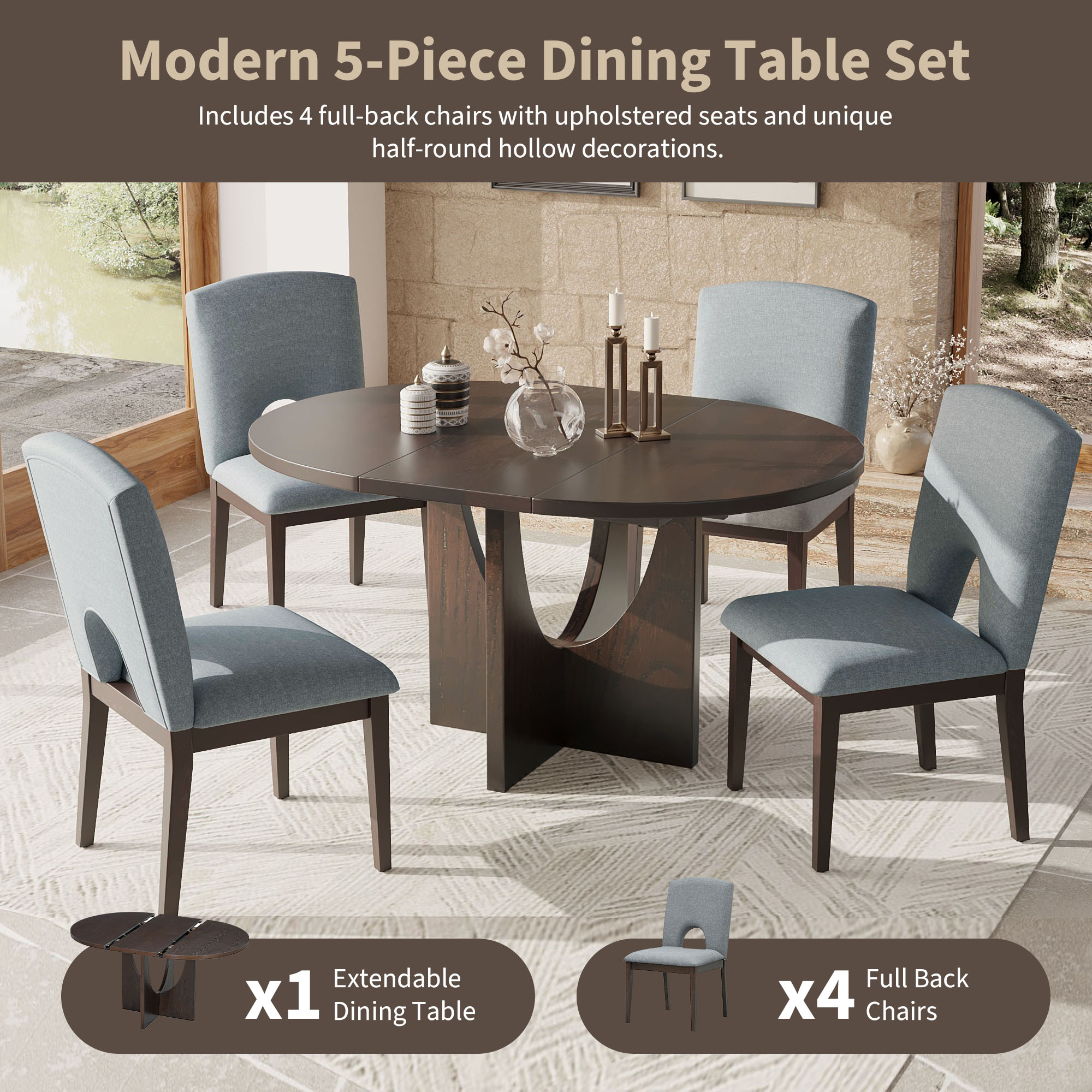 TOPMAX Modern 5-Piece Extendable Round Dining Table Set with 16.2inch Removable Leaf for Small Places, Espresso+Gray - Image 5