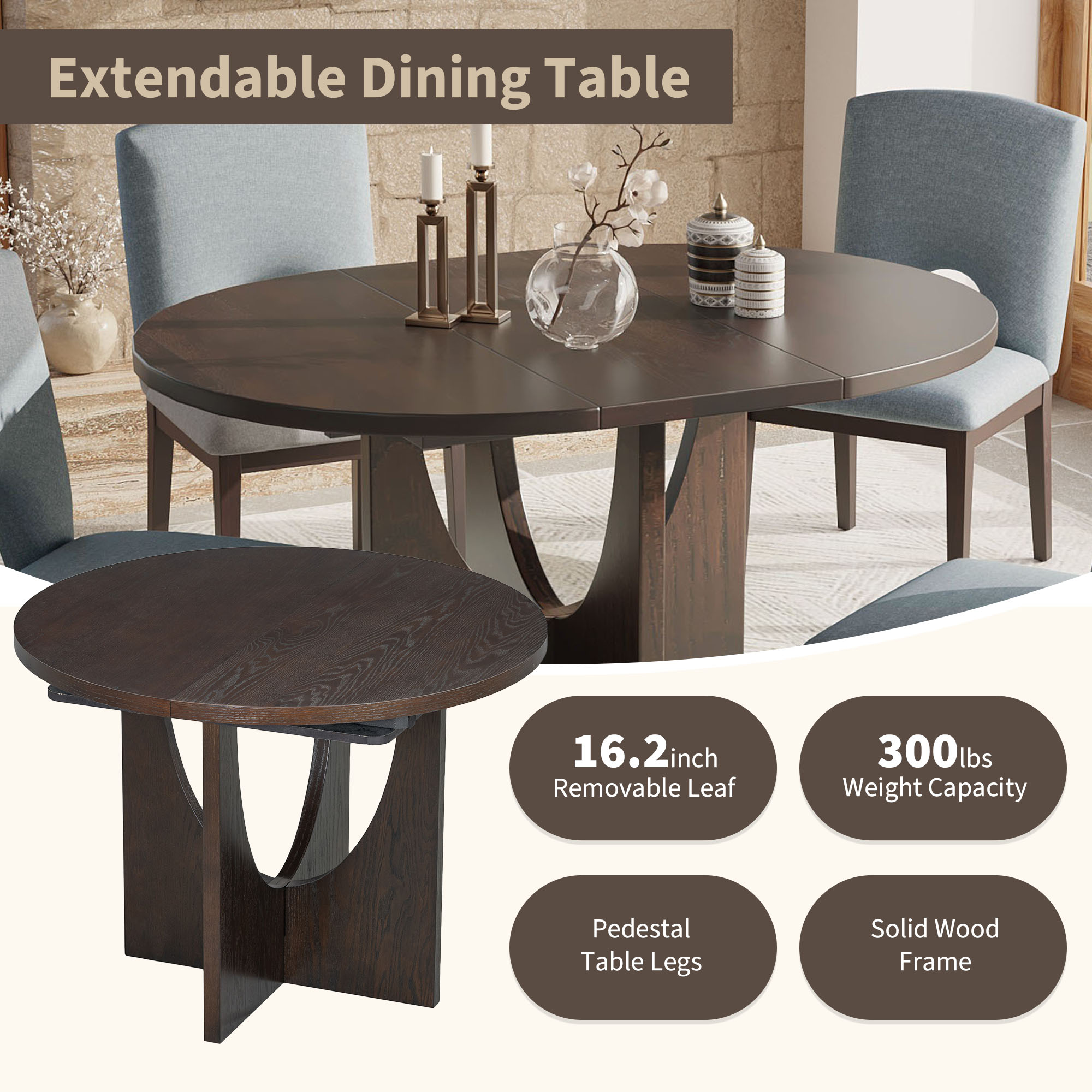 TOPMAX Modern 5-Piece Extendable Round Dining Table Set with 16.2inch Removable Leaf for Small Places, Espresso+Gray - Image 6