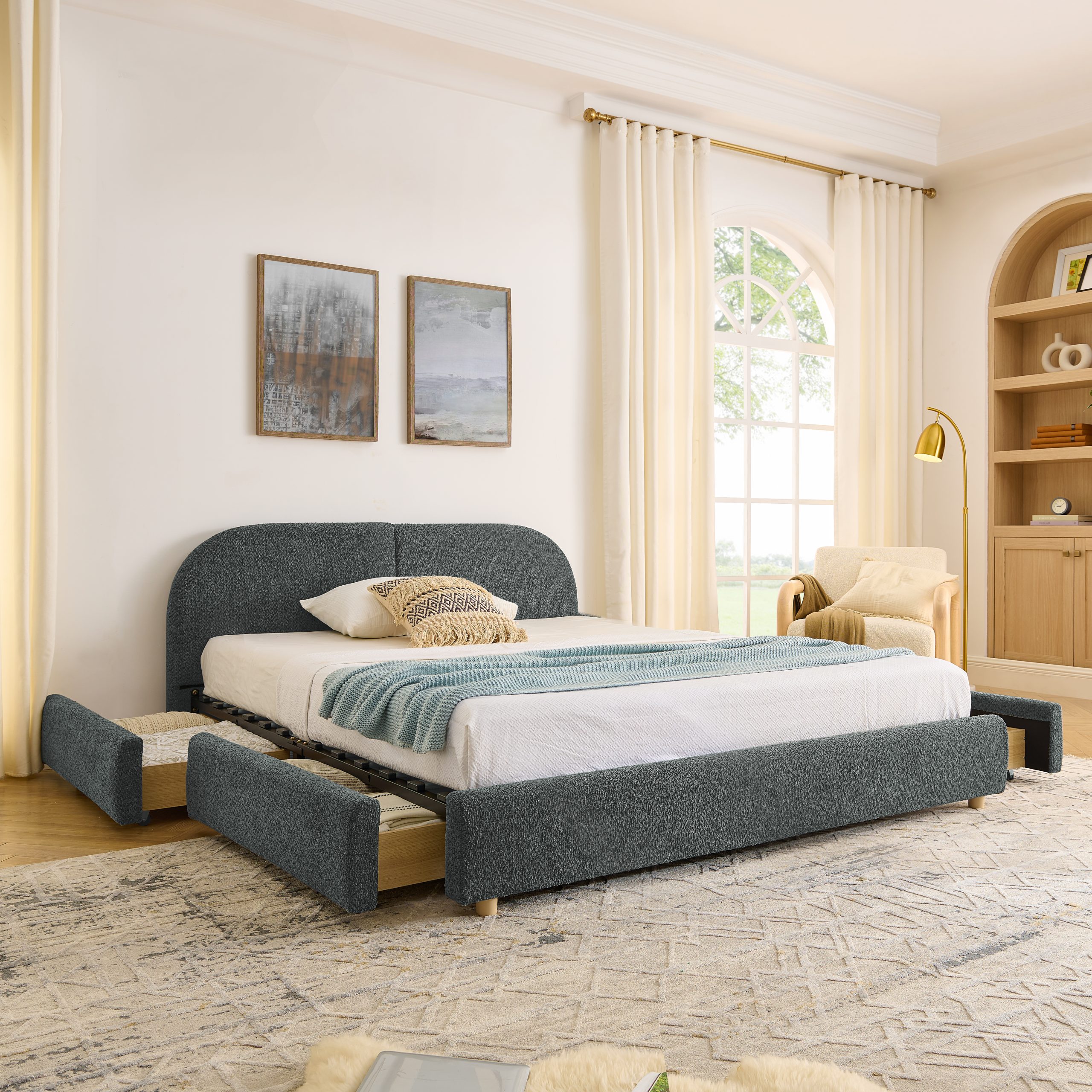 Queen Size Upholstered Bed Frame Modern Minimalist Style - Circle Yarn Fabric, Tall Curved Headboard, Sturdy Leg Support & Wheeled Drawer Storage, Mattress Not Included -Dark Gray - Image 1