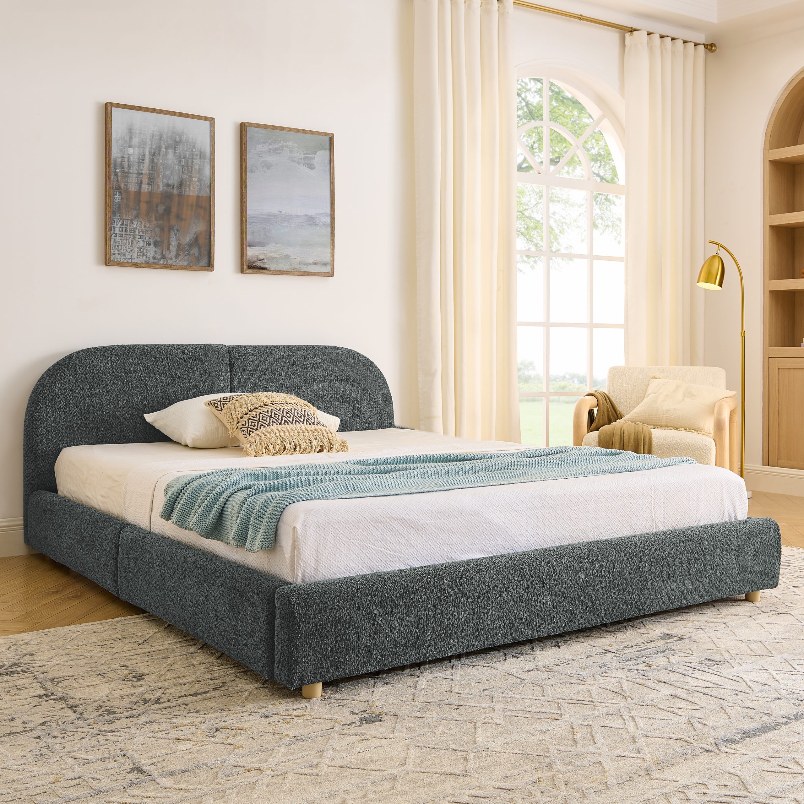 Queen Size Upholstered Bed Frame Modern Minimalist Style - Circle Yarn Fabric, Tall Curved Headboard, Sturdy Leg Support & Wheeled Drawer Storage, Mattress Not Included -Dark Gray - Image 2