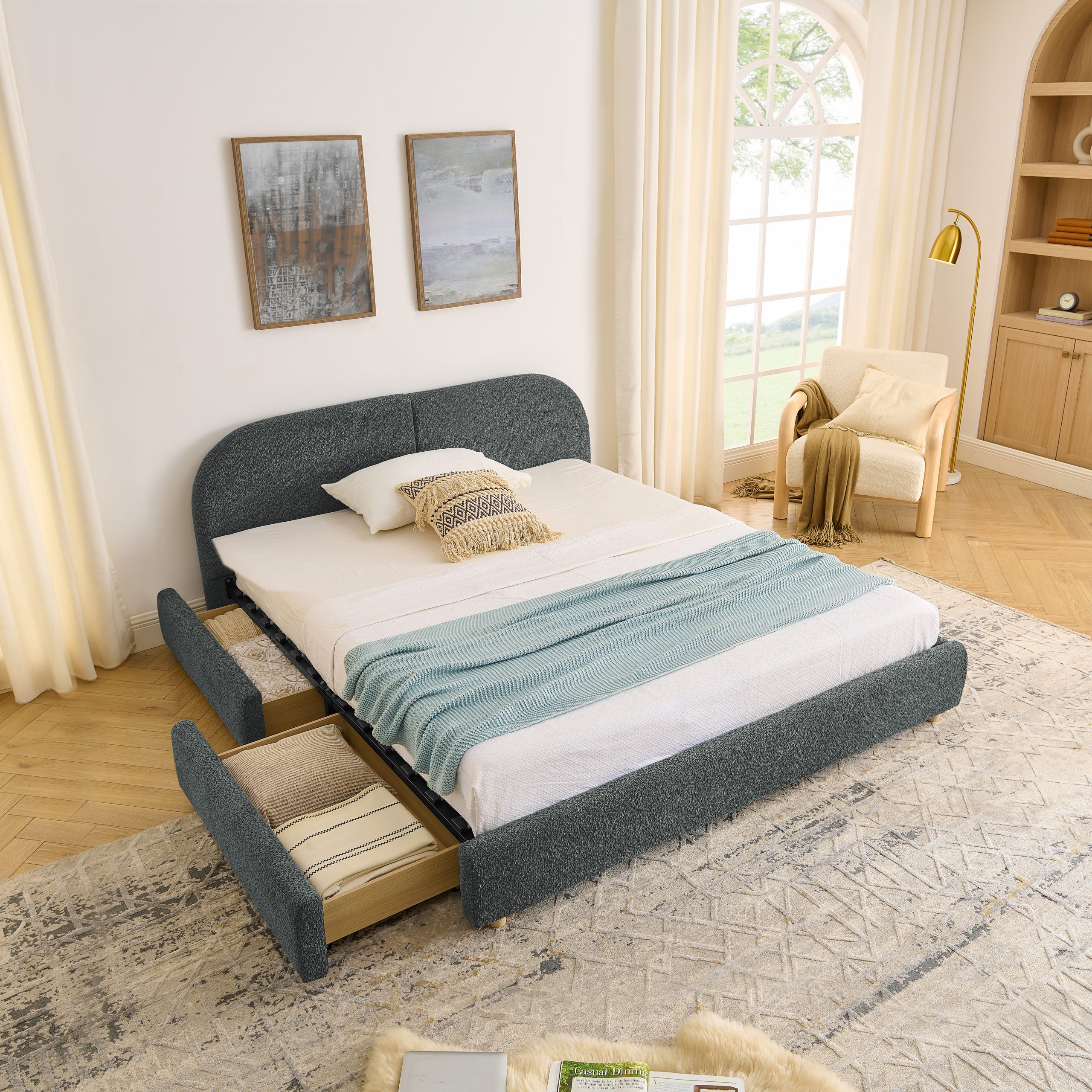 Queen Size Upholstered Bed Frame Modern Minimalist Style - Circle Yarn Fabric, Tall Curved Headboard, Sturdy Leg Support & Wheeled Drawer Storage, Mattress Not Included -Dark Gray - Image 3